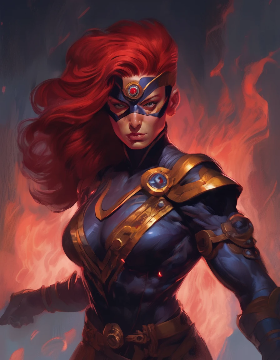 Cyclops from the X-Men as a Dungeons and Dragons warlock, Jean Grey behind him as a female cambion, three quarter body, dynamic pose, intricate details, cinematic lighting, fantasy art, dark and moody atmosphere, deep rich colors, dramatic shadows, volumetric fog, highly detailed, masterpiece, 8k