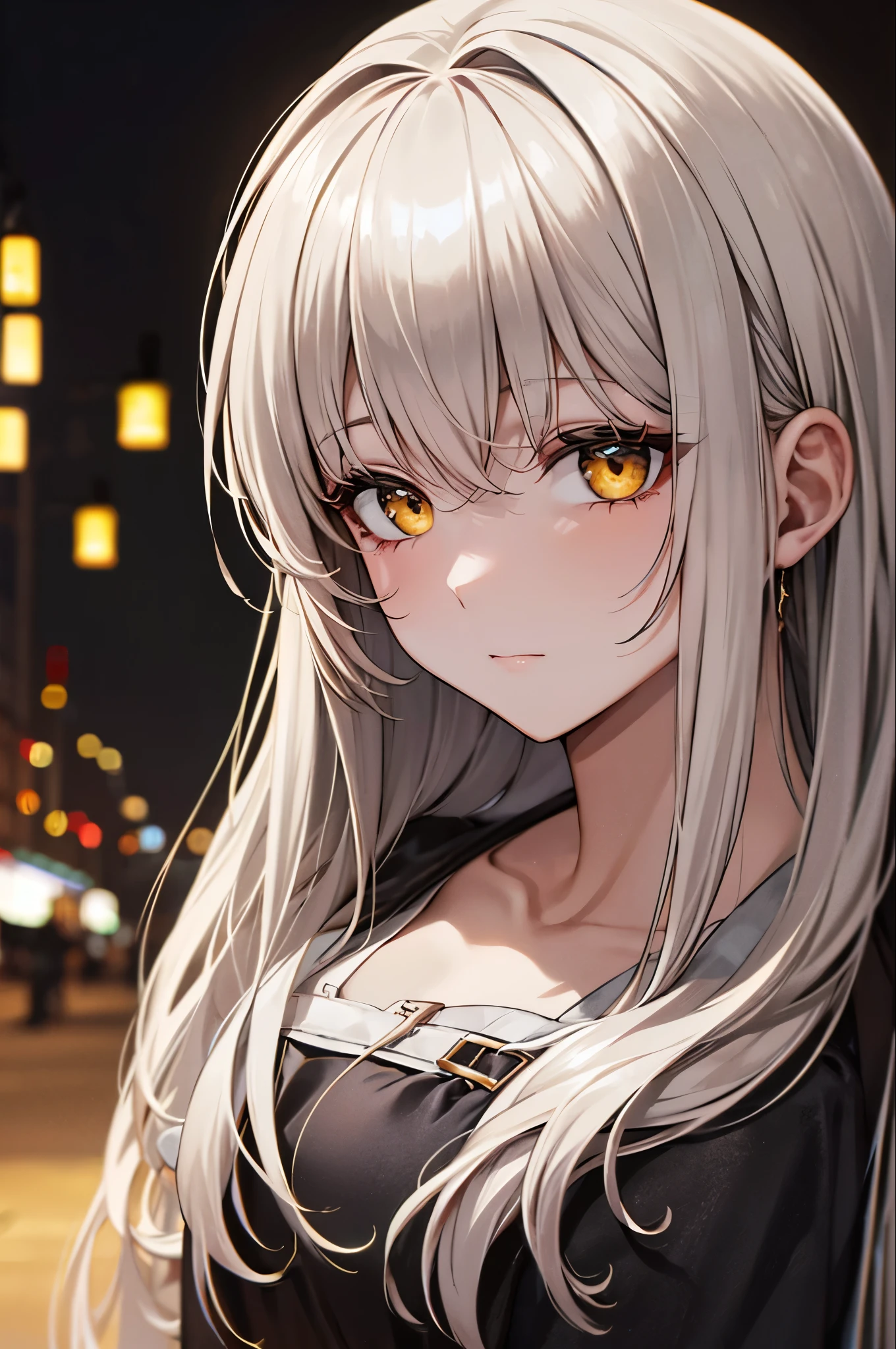 mksks style, One girl, cute, Surrounded by yellow lights, Golden Eyes, Gray Hair, Black background, close, No smiles, masterpiece, Super detailed