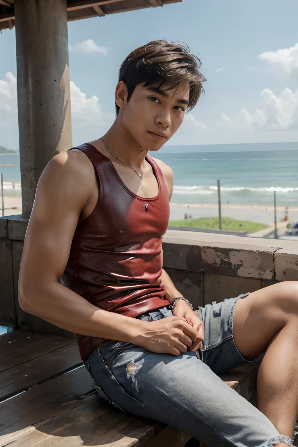young man,Thai person,teenager,handsome,Wear a red leather tank top.,Gray jeans shorts, sitting by the seaside,clear sky