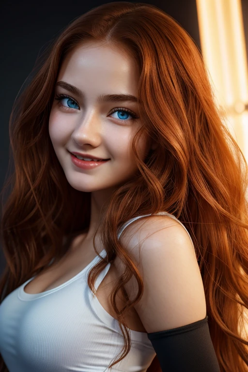 16 years old girl, beautiful big striking blue eyes, delicate black eyebrows, rosy cheeks, red lips, smiling face very white skin, long wavy orange hair cascading around her face and shoulders, detailed eyelashes, photorealistic cyberpunk style, perfectly focused, creamy smooth complexion, beautifully lit by soft diffused studio lights, extremely fine details, finely textured skin and hair full head to toe photo, wearing sport leggings