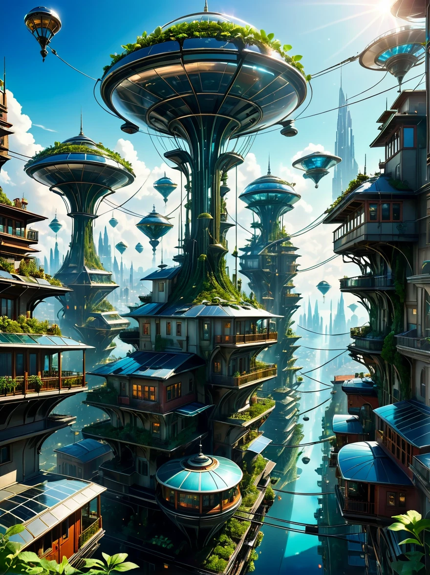 a surreal floating city made of metal and glass, strange plants growing on the roofs and windows, spaceships and cable cars in the sky, 8K, extremely detailed, mystical and technological, soft sunlight, photorealistic, ultra-high definition