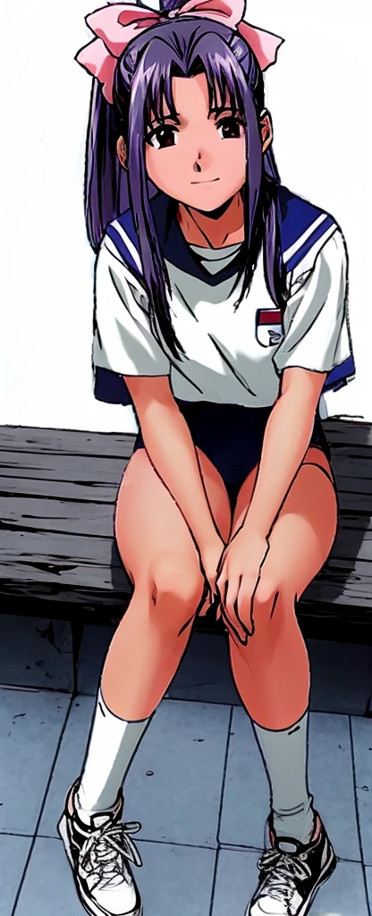 Momoko Koigakubo, a tall girl with beautiful legs, is sitting with a smile on her face, wearing white gym clothes and light navy blue bloomers that look like panties, with her legs spread wide to the sides.。This is looking up at Momoko Koigakubo from below.。