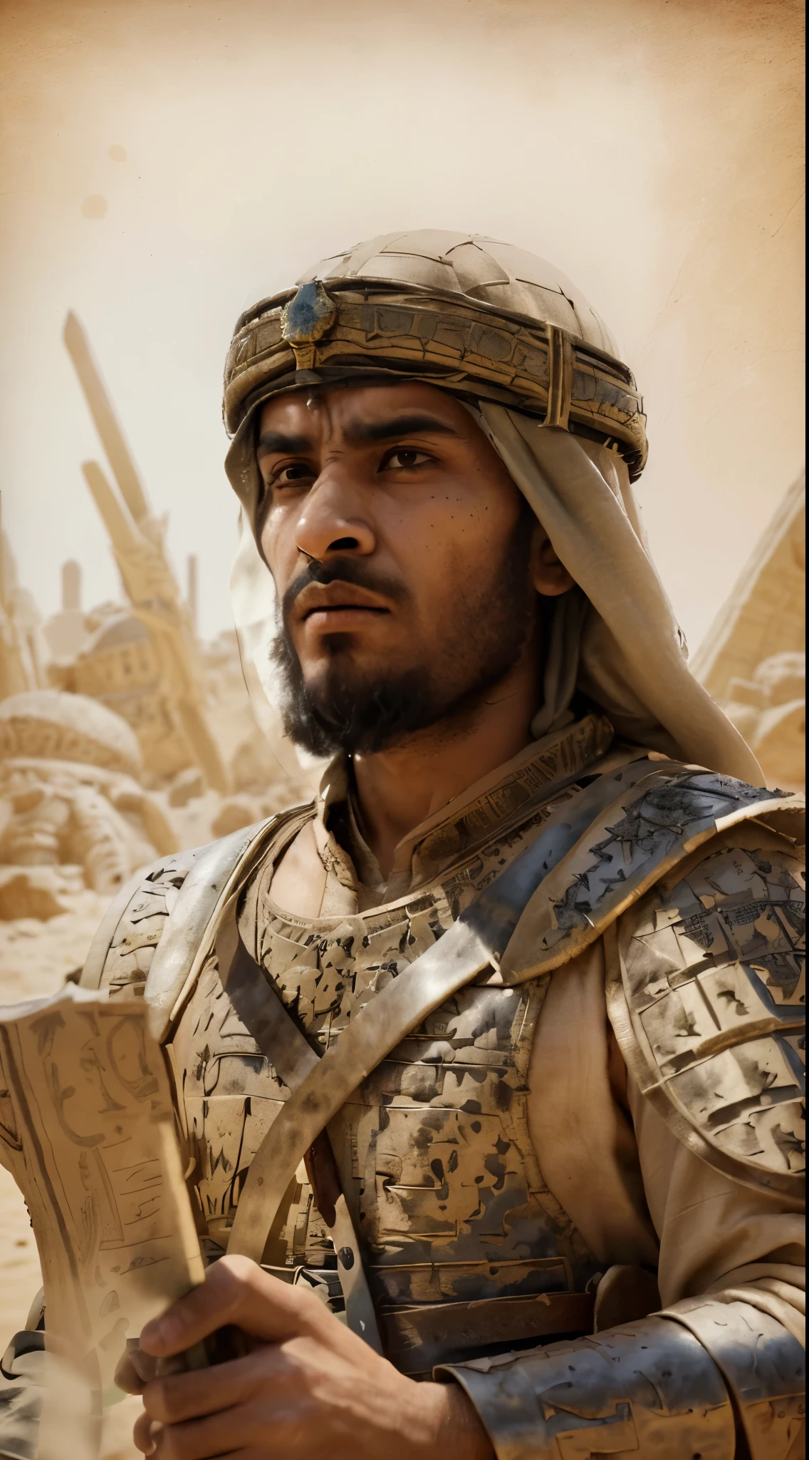 "Create an image of Khalid ibn Al-Walid as a legendary figure, standing with his sword raised high. Surrounded by ancient maps and scrolls. A desert landscape, highlighting his lasting legacy and impact on history."