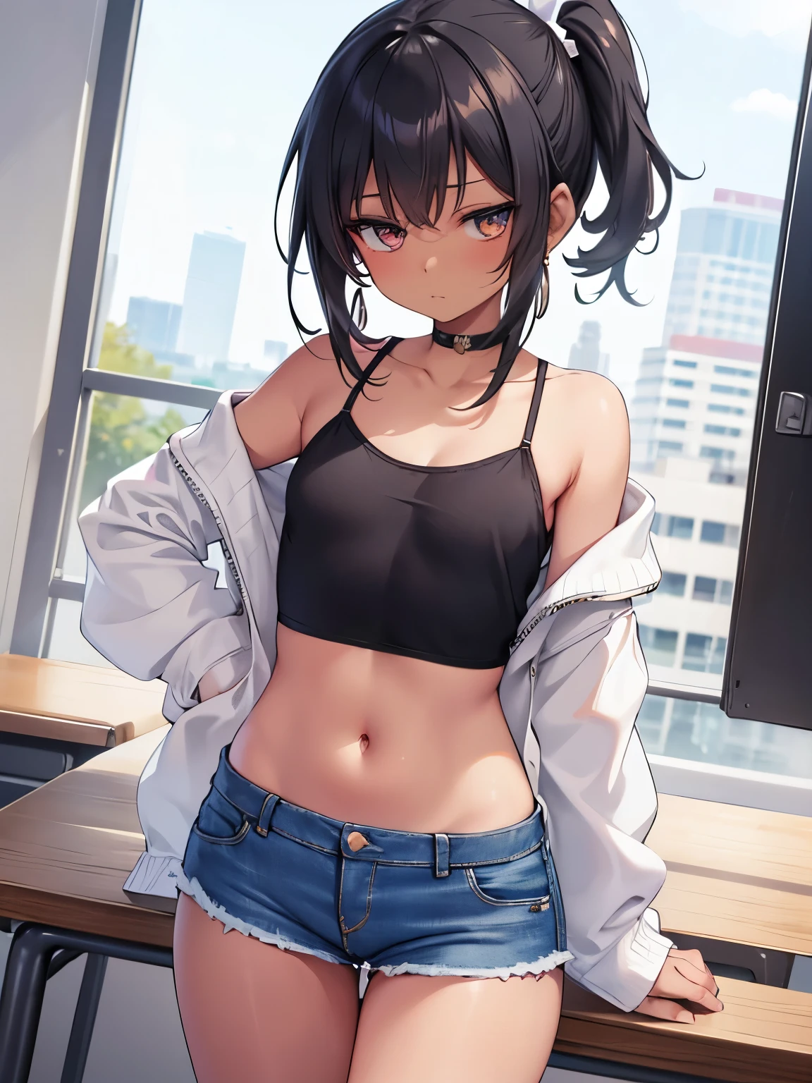 Replying to @sarah_mcdonald, Young cute anime girl, dark hair, dark eyes, (jitome:1.6), (dark skin:1.4), big eyes, (short ponytail: 1.6), asymmetrical bangs, hair over one eye, fringe, earrings, slender, (flat chest:1.4), short height, detailed anime style, anime Painting, anime Face, high quality, high detail, super high resolution, sharpness, sharp contours, cowboy shot, perfect anatomy, golden ratio, (denim miniskirt:1.4), tank top shirt, classroom, school, flabby stomach,