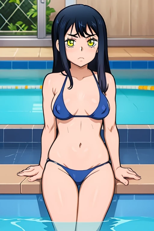 very detail, masterpiece, looking at viewer,mieruko, miko yotsuya, long black hair, wearing bikini, armpits, armpits visible, dark blue hair, yellow eyes, nipple hard, nipple slip, swimming pool,