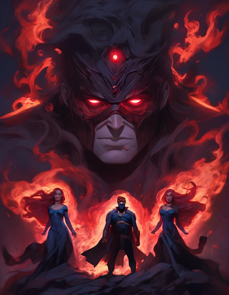 Cyclops from the X-Men as a Dungeons and Dragons warlock and Jean Grey behind him as a female cambion, three quarter bodies, dynamic poses, intricate details, cinematic lighting, fantasy art, dark and moody atmosphere, deep rich colors, dramatic shadows, volumetric fog, highly detailed, masterpiece, 8k