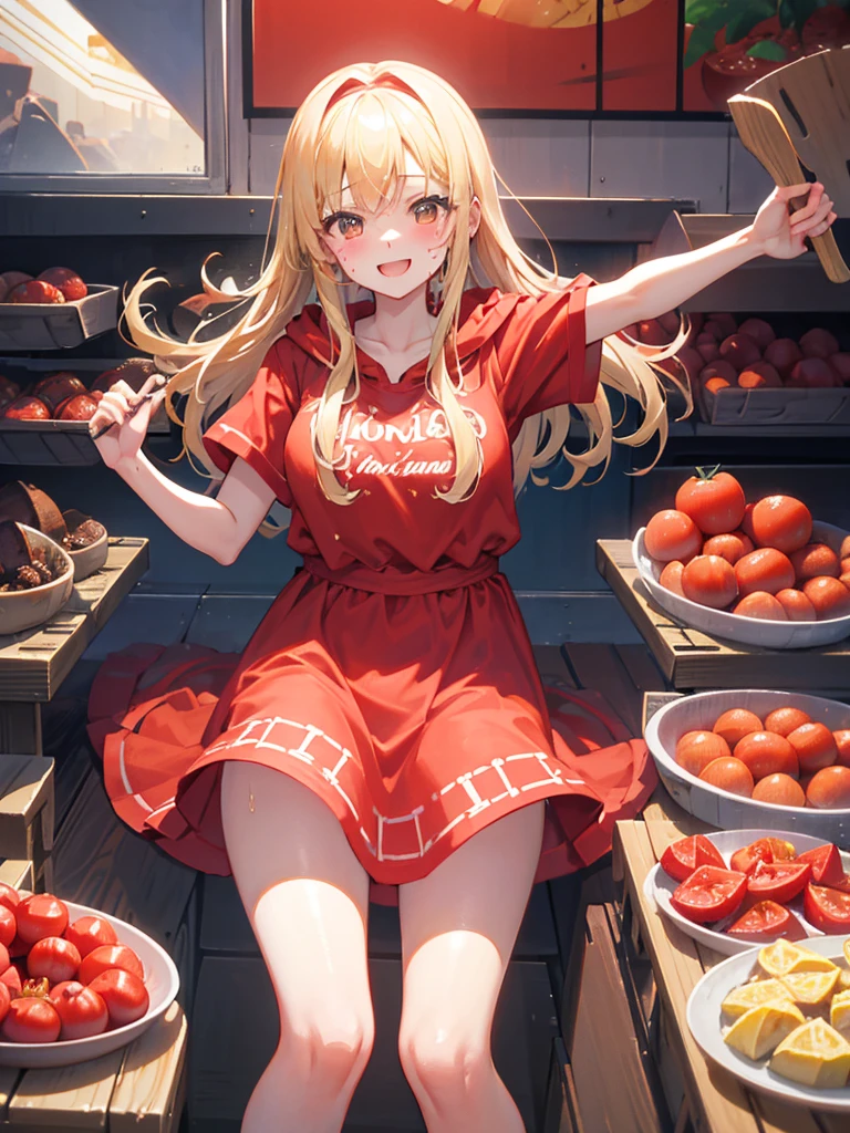 Tomato festival in Spain、European cityscape、All red、Flying Tomato、Smiling person throwing tomatoes々、tomato juice、girl、Red gingham check apron dress、tomato juiceで汚れている、Throwing tomatoes with a smile、blonde、hair band、Long Hair、Red hoodie、girl、With tomato pieces、A stained apron、Sweat、tomato juiceで濡れている、There are lots of tomatoes、A lot of smashed tomatoes、tomato juiceの道路、Someone who seems to be having fun々、Squish, squish, squish、