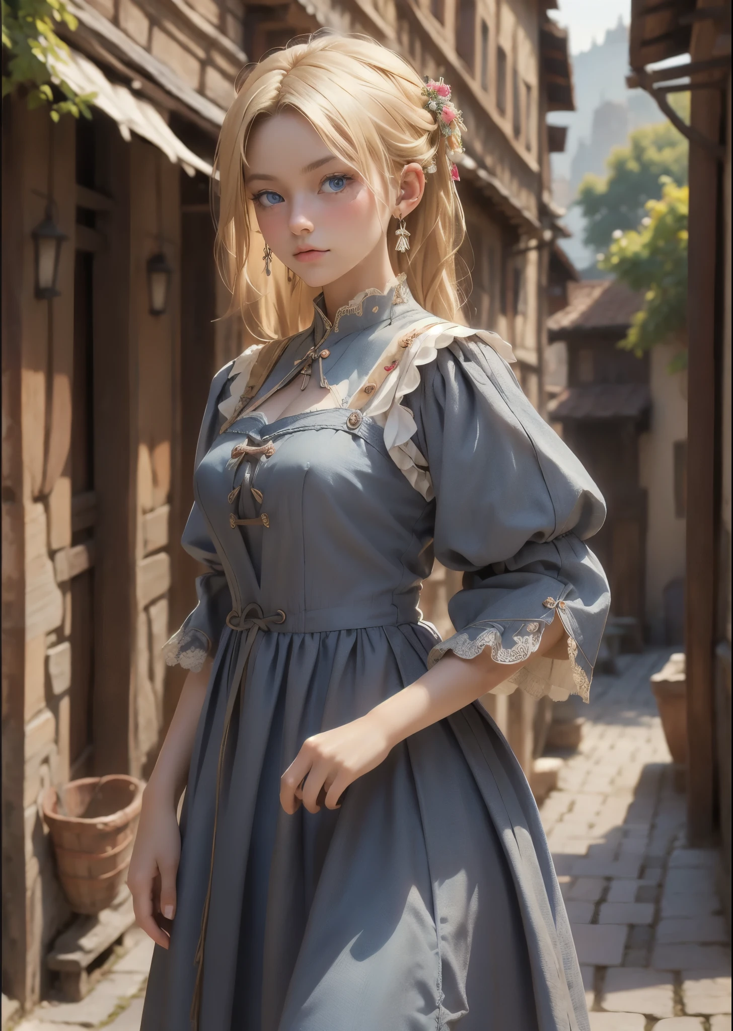 highest quality, masterpiece, Realistic photos, Intricate details, RAW Photos, Super detailed, old fashioned young woman, Wearing a peasant dress, No neckline, Blonde Hair, Perfect details and blue eyes, Walking around the old town, HD quality, 8k, young woman, 20-year-old