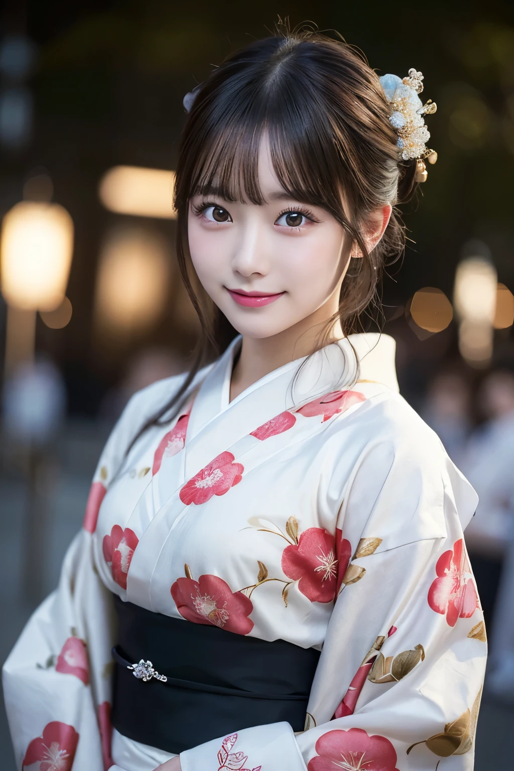 （kimono）、masterpiece、beautiful girl、Beautiful detailed eyes、highest quality, 超A high resolution, (reality: 1.4), Cinema Lighting、(Japanese Girls)、so beautiful、Beautiful Skin、(Looking at the audience)、(Surreal)、(High resolution)、(8k)、(Very detailed)、(Beautiful fine details)、(Very detailed)、 (wallpaper)、Detailed face、Bright lighting、Professional Lighting、Smile