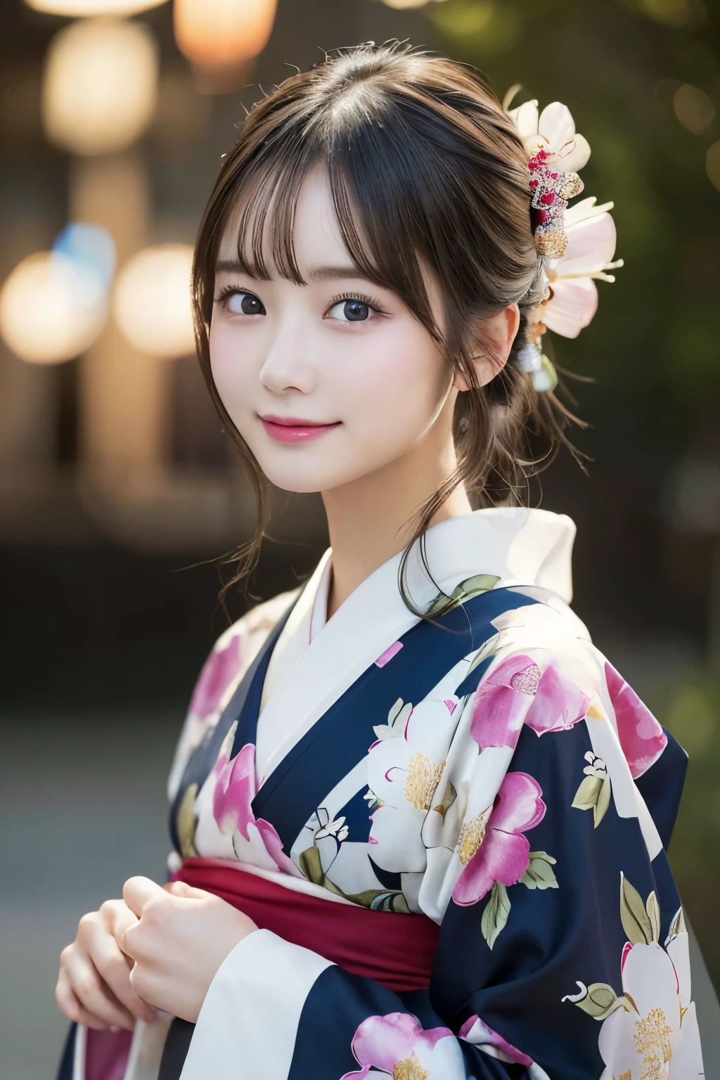 (kimono)、masterpiece、beautiful girl、Beautiful detailed eyes、highest quality, 超A high resolution, (reality: 1.4), Cinema Lighting、(Japanese Girls)、so beautiful、Beautiful Skin、(Looking at the audience)、(Surreal)、(High resolution)、(8k)、(Very detailed)、(Beautiful fine details)、(Very detailed)、 (wallpaper)、Detailed face、Bright lighting、Professional Lighting、Smile