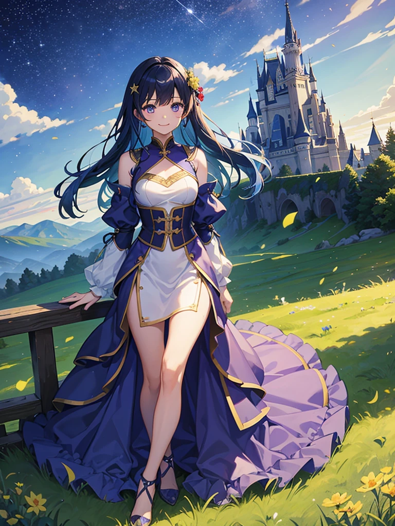 highest quality、Masterpiece、Grassland with a view of the castle、night、Starry Sky、（One boy）、One boy、Blue Hair、Smile with your mouth closed、Light armor with a red base、Purple innerwear can be seen through the gap.