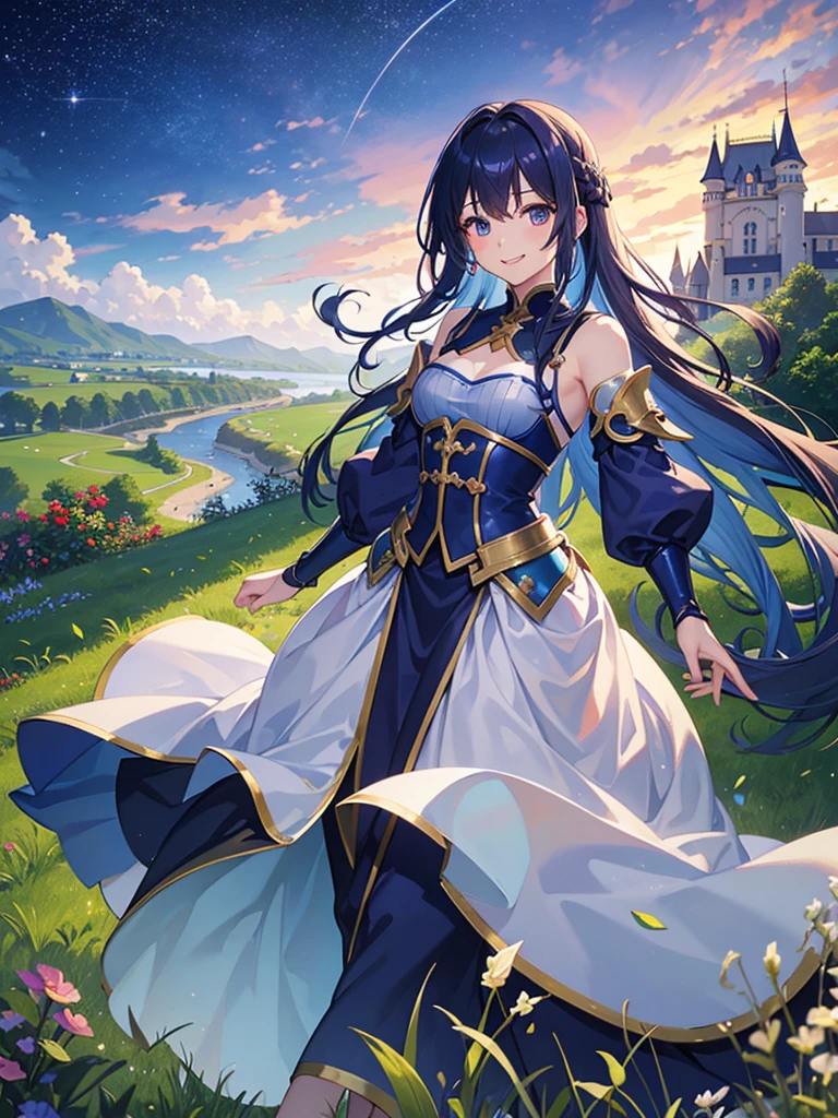 highest quality、Masterpiece、Grassland with a view of the castle、night、Starry Sky、（One boy）、One boy、Blue Hair、Smile with your mouth closed、Light armor with a red base、Purple innerwear can be seen through the gap.