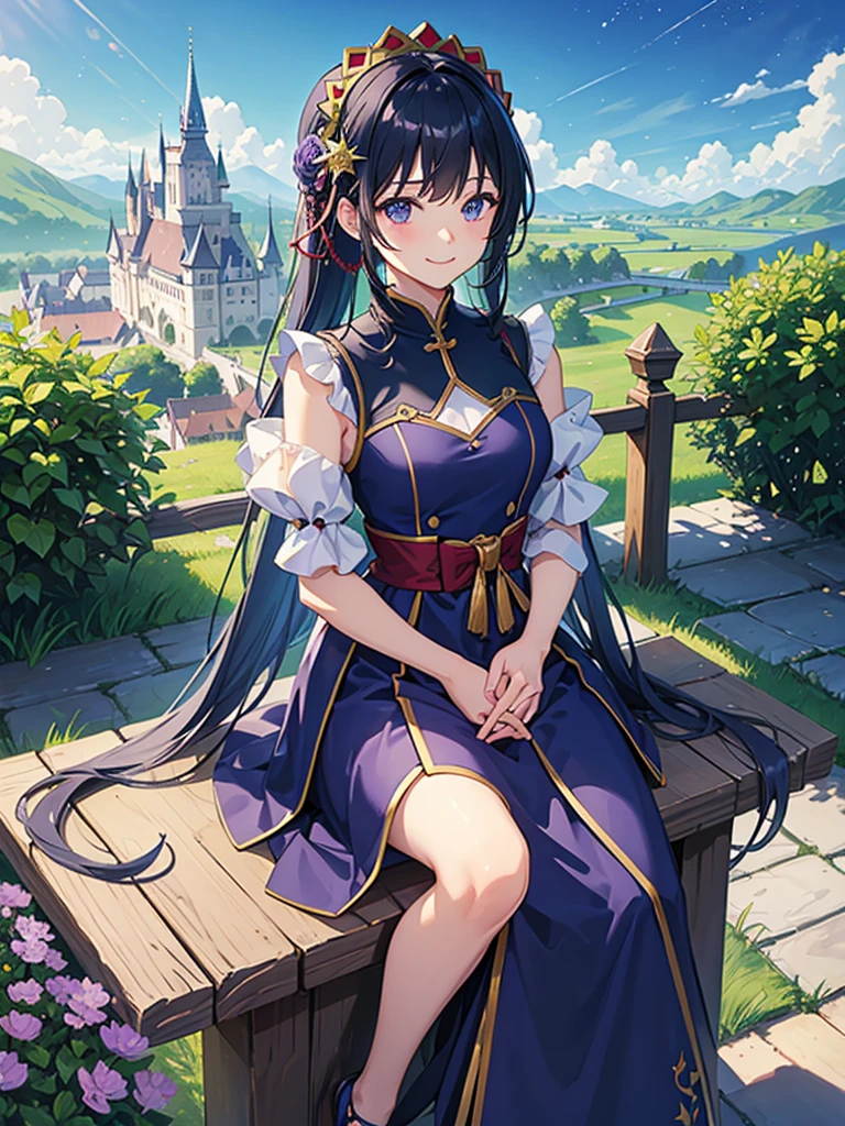 highest quality、Masterpiece、Grassland with a view of the castle、night、Starry Sky、（One boy）、One boy、Blue Hair、Smile with your mouth closed、Light armor with a red base、Purple innerwear can be seen through the gap.