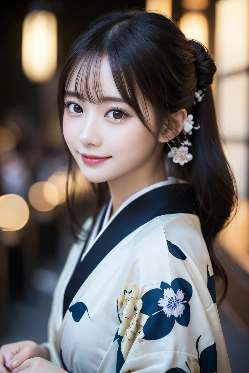 (kimono)、masterpiece、beautiful girl、Beautiful detailed eyes、highest quality, 超A high resolution, (reality: 1.4), Cinema Lighting、(Japanese Girls)、so beautiful、Beautiful Skin、(Looking at the audience)、(Surreal)、(High resolution)、(8k)、(Very detailed)、(Beautiful fine details)、(Very detailed)、 (wallpaper)、Detailed face、Bright lighting、Professional Lighting、Smile