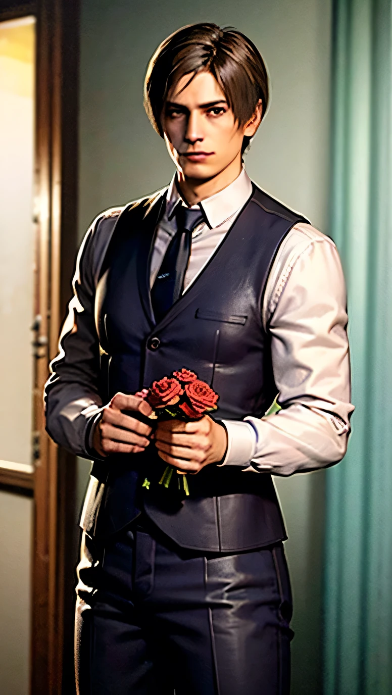 1 boy, Cowboy shots Refor Leon, Leon S. Kennedy in the Movies "Resident Evil 4",Present a rose to the camera, Classic suit with tie, smile, Curtain Hairstyle, Sports