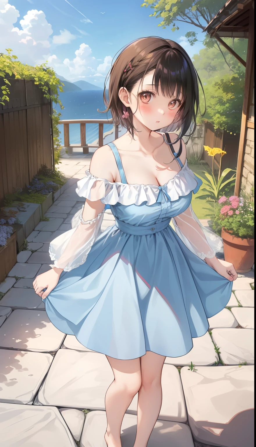 One Girl、positive、Standing posture、Full body portrait、Black Hair、Medium Haircut、blush、Absolute area、No panties、No bra、barefoot、Light blue dress、Off-the-shoulder dress、(Very large breasts)、Cleavage、((Lesbians around the world))、masterpiece、(highest quality)、barefoot、White Sandals、Bare your breasts、From below、garden、Outdoor、Very short skirt