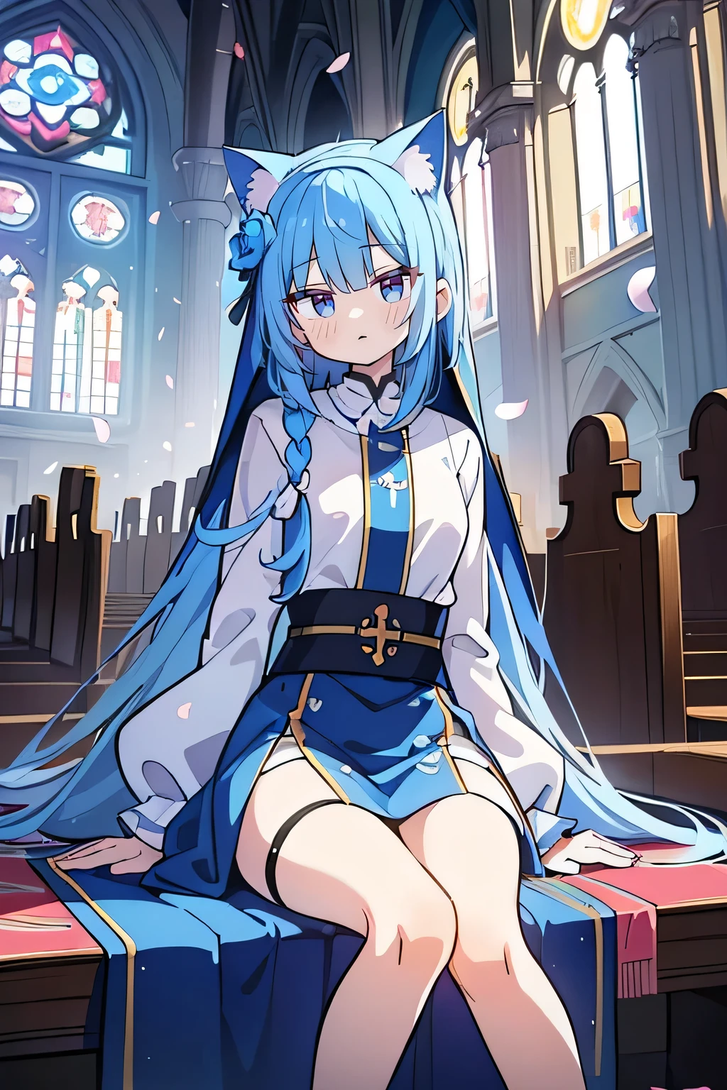 (masterpiece:1.2),Extremely detailed,Practical,expressive eyes,Fair skin,Perfect face shaping,1 Girl,
Japanese cartoons,Gorgeous blue hair, the long flowing blue hair,Floating clothes,Cat ears,Petals fall,beautiful lola,Young Angel,
Place your hands on your waist,sit elegantly on the ground,Cross your legs,Gentle and peaceful background,church,Nun&#39;s Clothes,back view,lie on the water. 
