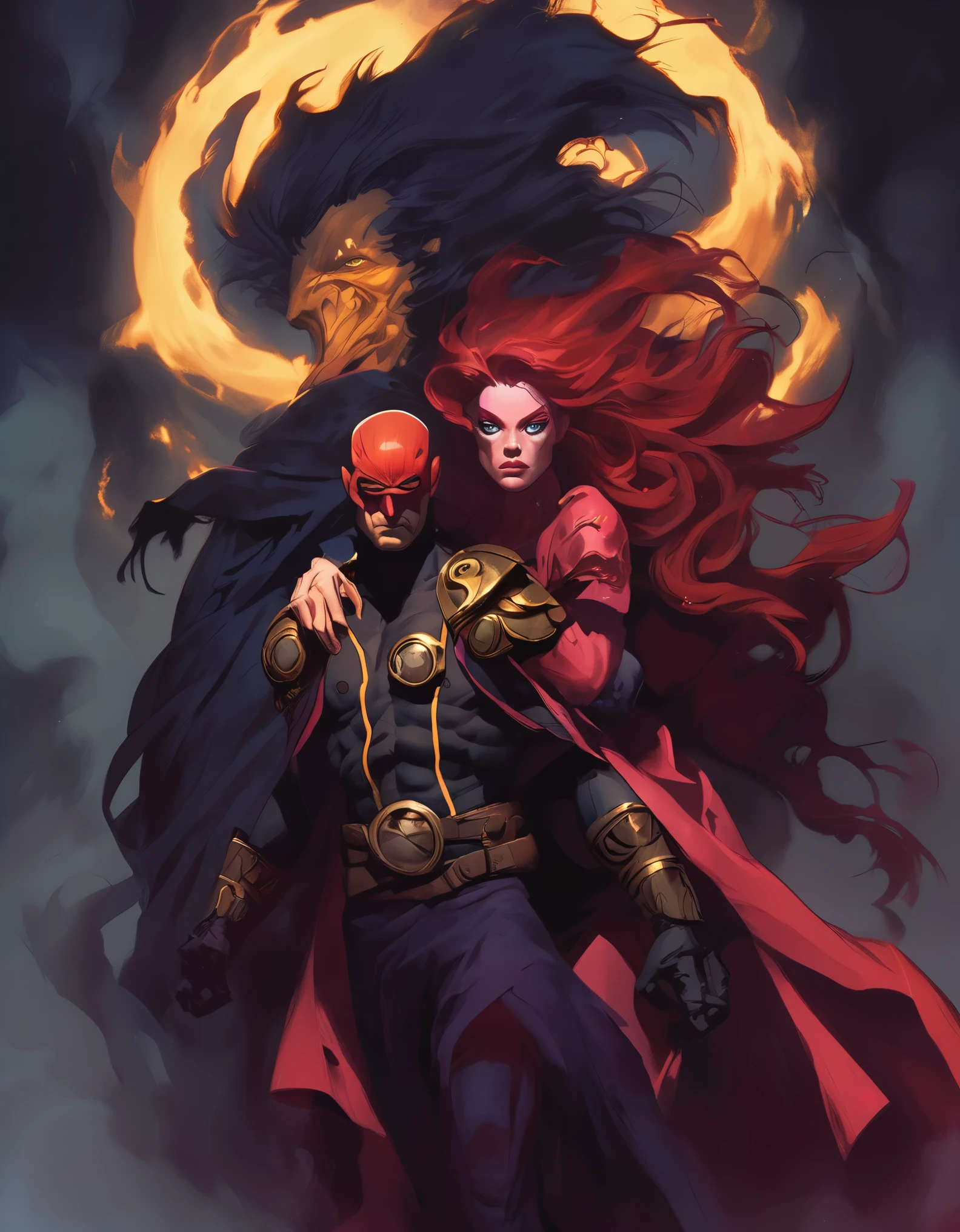 Cyclops from the X-Men as a Dungeons and Dragons warlock and Jean Grey behind him as a female cambion, three quarter bodies, dynamic poses, intricate details, cinematic lighting, fantasy art, dark and moody atmosphere, deep rich colors, dramatic shadows, volumetric fog, highly detailed, masterpiece, 8k