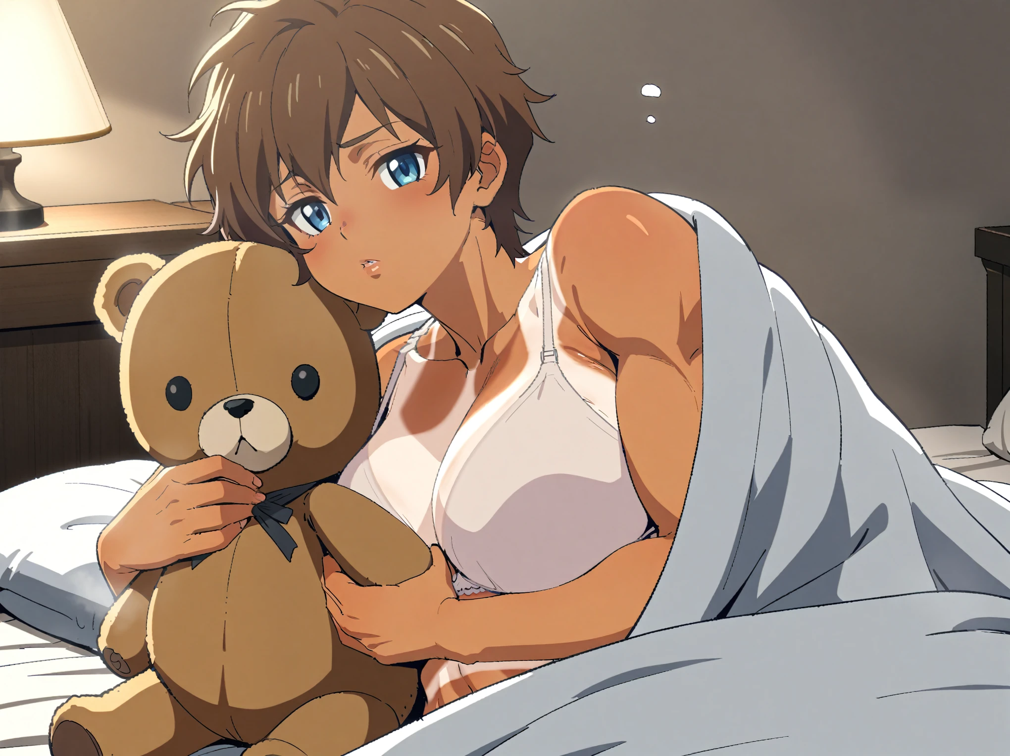 {{upper body}} {{Artist: sincos}} 1girl, solo, tomboy, mature female, muscular female, brown hair, short hair, blue eyes, tan, tanlines, lips, large breasts, bra, under covers, sleepy, holding teddy bear, looking at viewer, sitting on bed, bedroom, medieval fantasy.