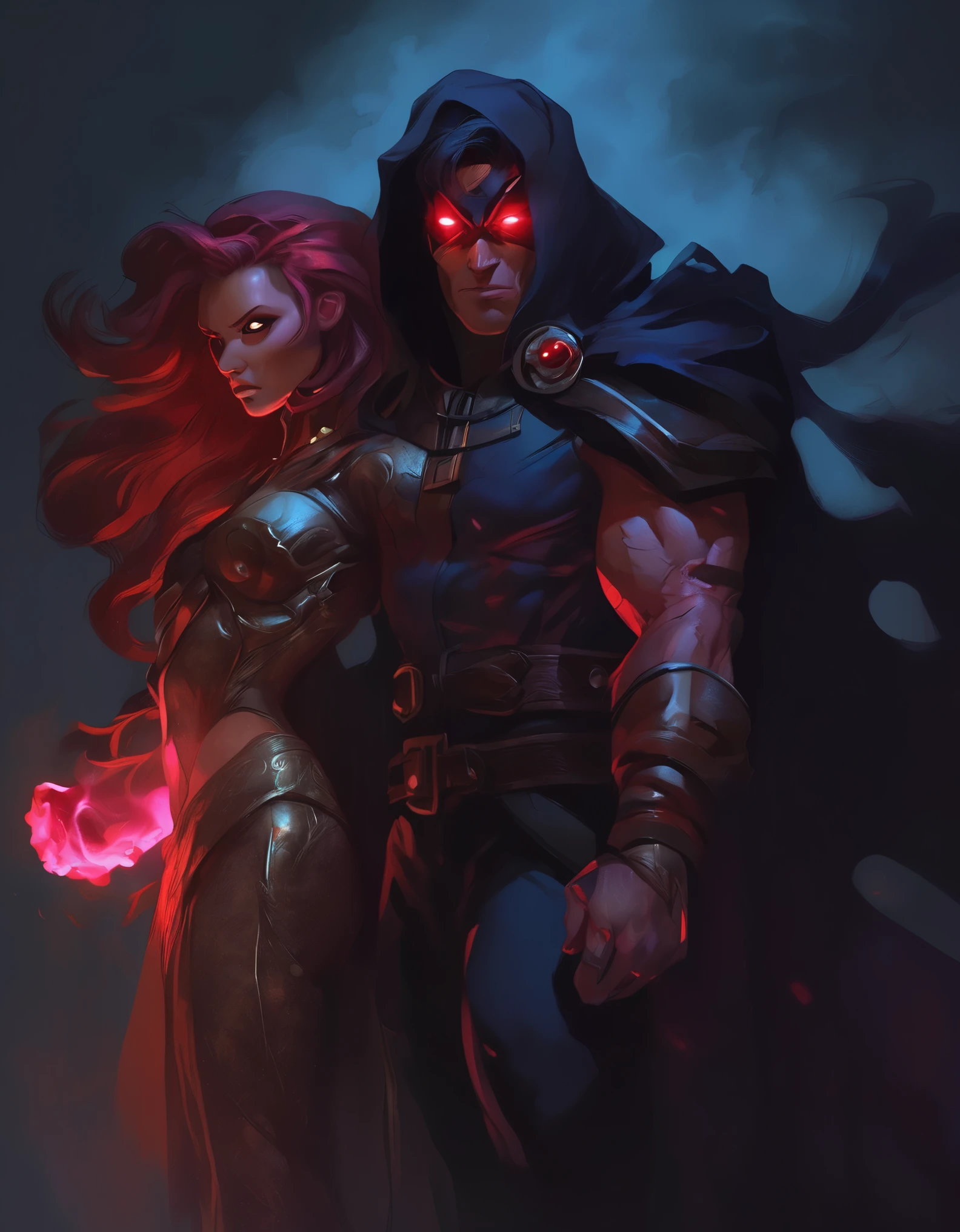 Cyclops from the X-Men as a Dungeons and Dragons warlock and Jean Grey behind him as a female cambion, three quarter bodies, dynamic poses, intricate details, cinematic lighting, fantasy art, dark and moody atmosphere, deep rich colors, dramatic shadows, volumetric fog, highly detailed, masterpiece, 8k