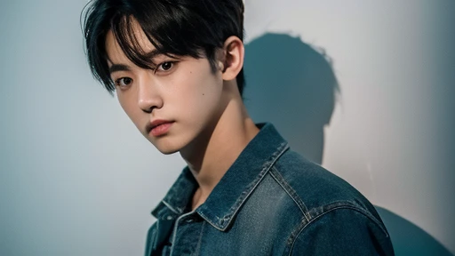 (Highly realistic photos, concentrate、High resolution, Detailed face, Detailed Hair,fine grain), ((Shooting in front of a wall))、Japanese men, 20-year-old, One boy,Only one person is in the photo、Natural look,denim shirt , Upper body portrait,masterpiece,Kim Tae-hyung,Kim Taehyung\(BTS\),Stage makeup,Fair skin,Broad shoulders:1.5,(Black Hair, :1.2),Relaxed,Inside a minimalist art gallery in Tokyo,admiring a piece of contemporary art.The gallery's sophisticated lighting focuses on the artwork and him, creating a dramatic interplay of shadows and light --ar 3:4 --style raw --stylize 250