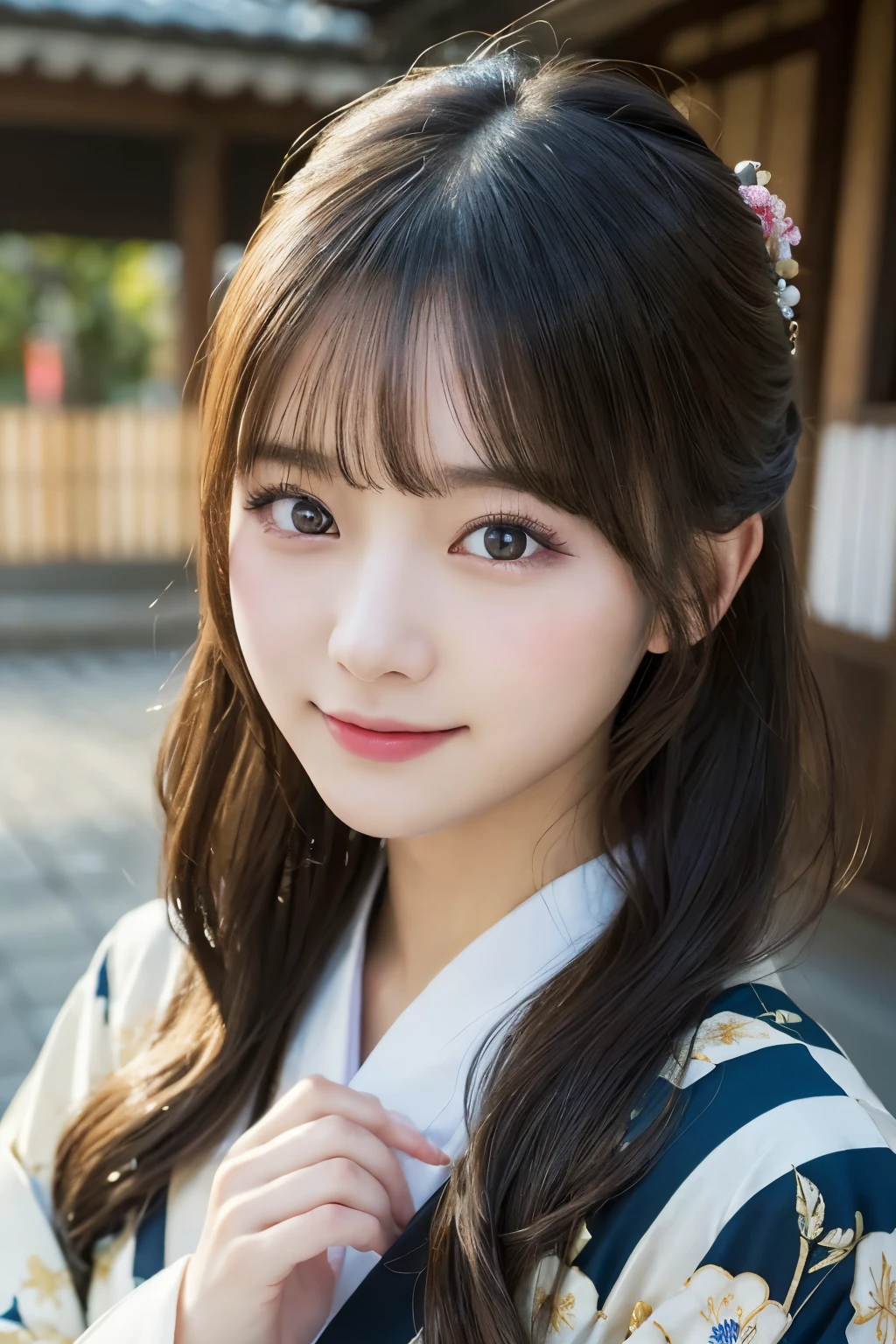 (kimono)、masterpiece、beautiful girl、Beautiful detailed eyes、highest quality, 超A high resolution, (reality: 1.4), Cinema Lighting、(Japanese Girls)、so beautiful、Beautiful Skin、(Looking at the audience)、(Surreal)、(High resolution)、(8k)、(Very detailed)、(Beautiful fine details)、(Very detailed)、 (wallpaper)、Detailed face、Bright lighting、Professional Lighting、Smile