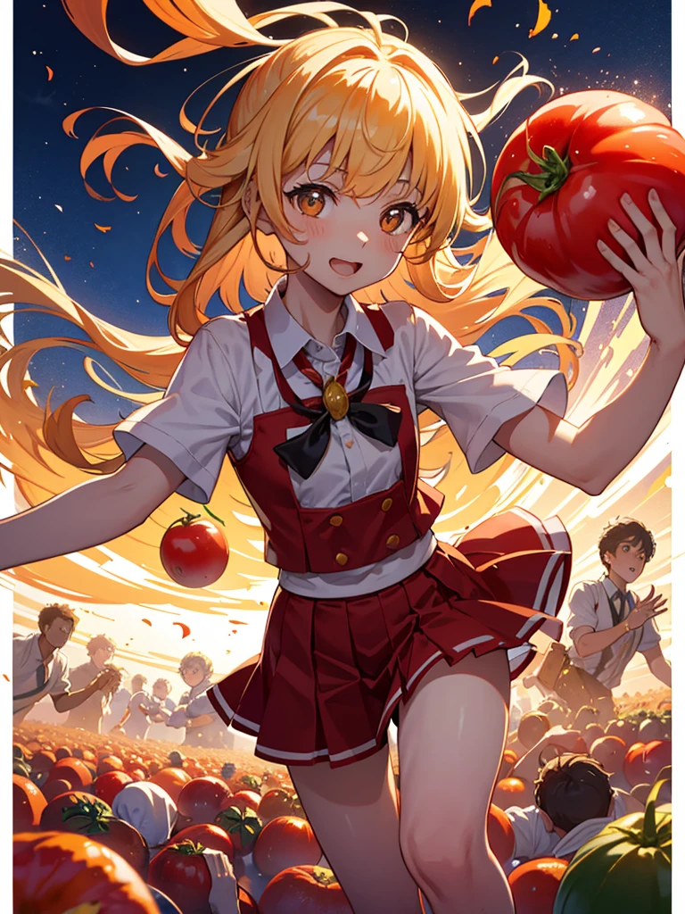 Tomato juice students jump、Jump while handing out tomatoes、Amazing dynamism、Great angle、Unstable Clone Sandstorm、(Many friendly tomatoes are jumping and chasing each other..)、(Surround each other'a large amount of tomatoes)、European cities、 Tomato Festival in Spain、 Girls throwing tomatoes、 smile、 One side red、