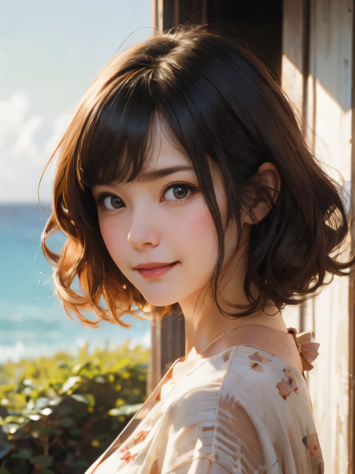 1 girl、highest quality、Realistic、alone、Written boundary depth、Natural soft light、Daytime、charm、Beautiful Face、Cleanliness、Pure Face、White skin、cute、short hair、prohibit、Beach、Light of the sun、Nedium Breast Body Esbian、((セーターを着たBeautiful Faceの黄金比 対称性のあるBeautiful Face))、Long neck、Listen carefully、prohibitのあるきれいな短いボブヘア、Laugh with your mouth closed、Perfect hands指、Perfect hands、Perfect body、Perfect Face、Shine a light into your eyes、Perfect Anatomy:1.4、とてもcuteスーパーモデル:1.4、{Huge|big|Hugeな|Mega} chest:2, chestの谷間:2、transparent、transparent性、Grossoisture、Shine、Cool feeling、Beautiful gradation blue sky:2