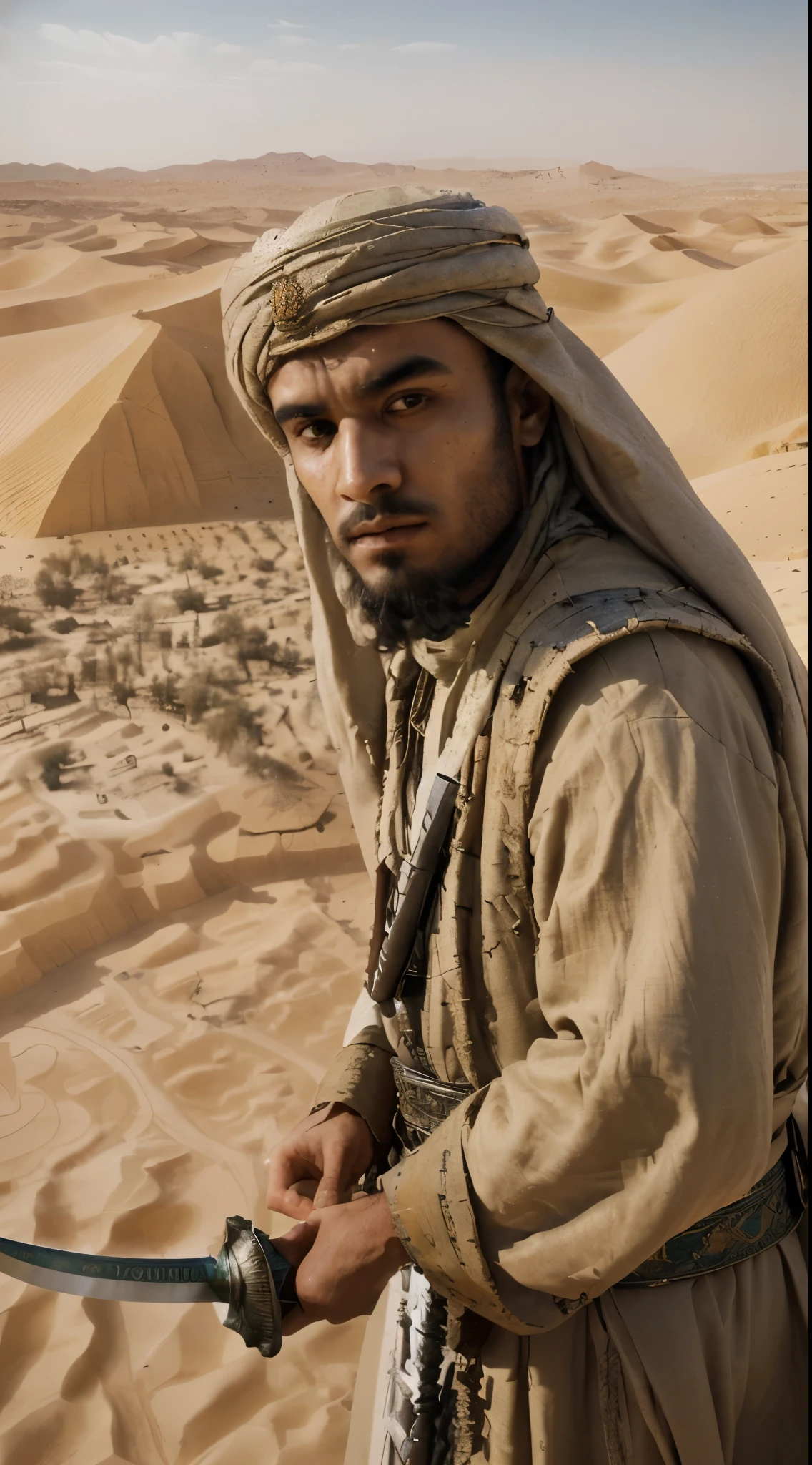 "Create an image of Khalid ibn Al-Walid as a legendary figure, standing with his sword raised high. Surrounded by ancient maps and scrolls. A desert landscape, highlighting his lasting legacy and impact on history."