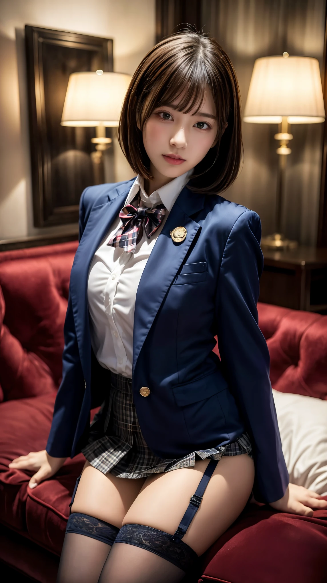 masterpiece, highest quality, figure, Very detailed, Fine details, High resolution, 8k,wallpaper, Perfect dynamic composition,(Detailed high quality, Realistic depiction of eyes:1.3), ((1 girl, 1 high school girl)), The background is a room in a luxury hotel、 uniform、blazer 、Super Short Check Uniform Skirt、Navy blue knee-high socks、garter belt、huge 、Disheveled uniform, Play with each other,Touching each other's bodies,Touching the body of the girl next door, Short Bob Hair, Black hair color, hugeな胸, Big Natural Color Lip, Bold sexy pose, (Perfect figure), Crying a little、Cold Stare, Harajuku Style、Beautiful Makeup,Glitter makeup,The cutest 18 year old, Beautiful feet, Gravure idol pose, Voluptuous thighs