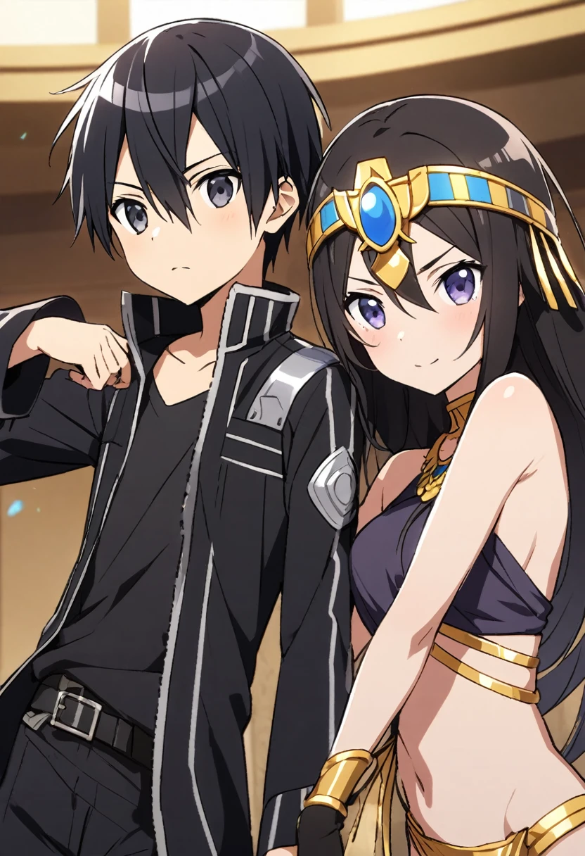 Kirito, Black egyptian dancer's clothing, blushing smile, dark skin, black long hair, standing alone in the dance hall, big breasts breast enlargement breasts full-body shot looking into camera illustration, ultra-detailed, HDR, vibrant colors, soft lighting