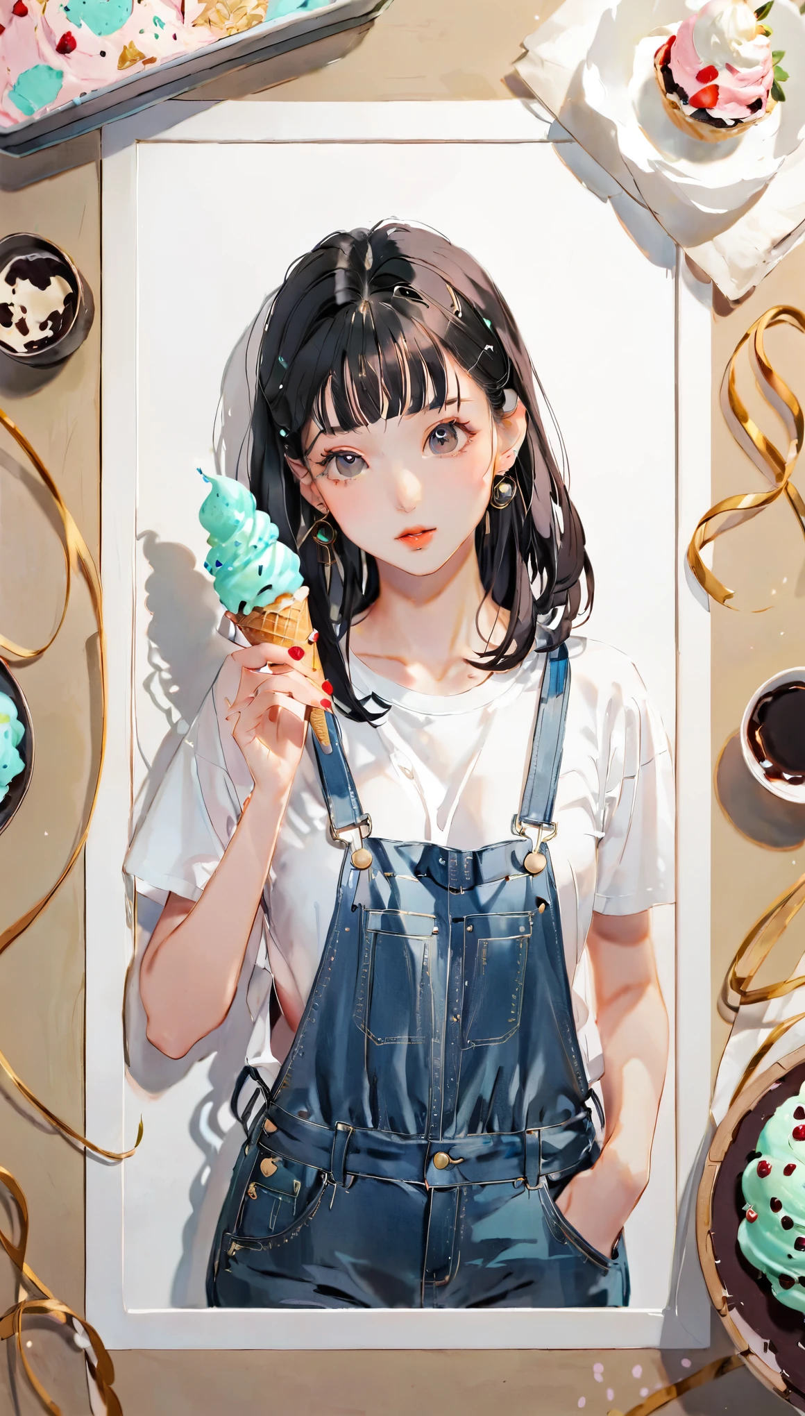 paper cutting style, 1 girl, black medium hair, straight hair, white T-shirts, denim overall, ice cream, portfolio, from above