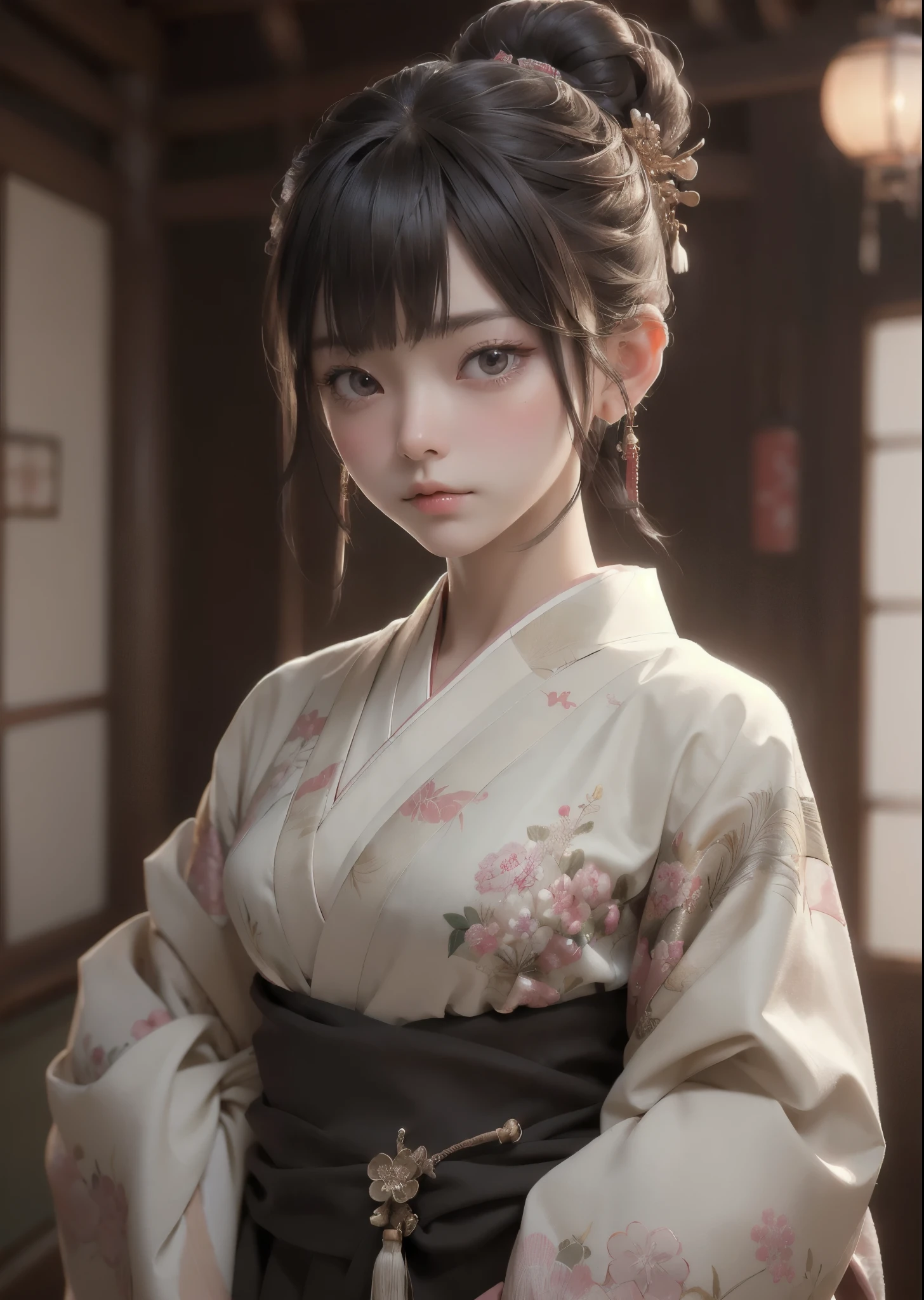 (masterpiece, highest quality, highest quality, Official Art, beautifully、aesthetic:1.2)、Portrait Photography、 (1 Japanese kimono beautiful girl)、A gorgeous kimono worn by women at Japanese Coming of Age ceremonies、The collar is nicely closed、A perfect example of how to wear a kimono、Big brown eyes、Beautiful skin、Expressionless、A little embarrassing、Moderate breast size、(Bun updo with bangs)、hair ornaments、Very detailed,(Japanese-style room:1.3)、Cinematic lighting、Sharp focus、High resolution、High resolution、High color rendering、High resolution、Super realistic、