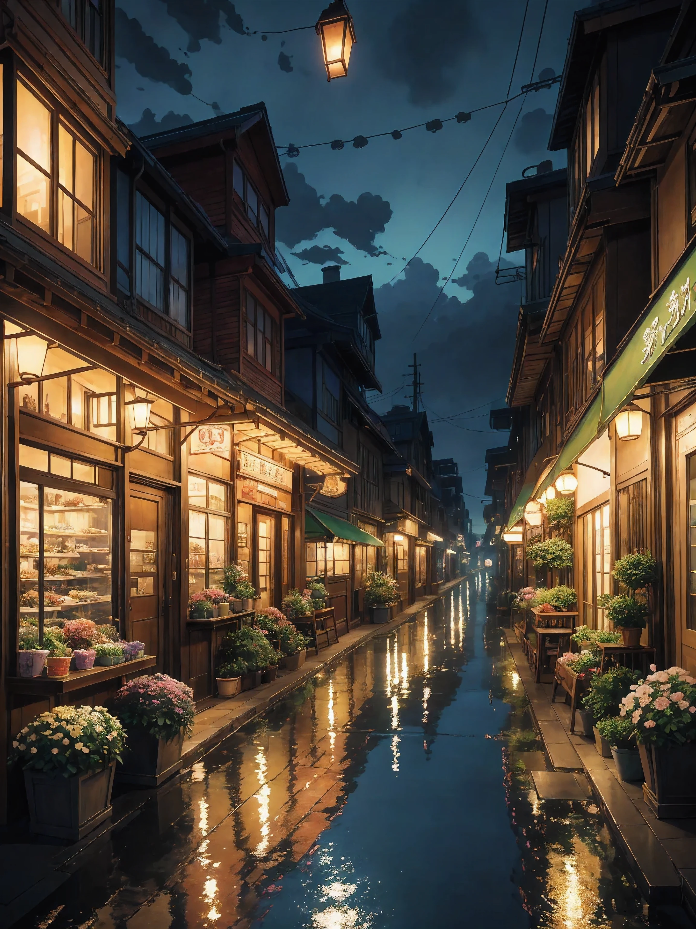 City flower shop, potted plant, flower, Rainy night,Water surface reflection puddle,Oriental design, Pendant lamp , Digital Painting, sunset,Wind up,Concept Art, figure, complicated,  Happy, Beautiful colorful lights, flower, plant ((Tilset)) Anime - city street style scene, Anime Background Art, Detailed Landscape - Width 672, Anime scenery Concept Art, Anime-style streetscape, Studio Ghibli Anime Style, Studio Ghibli art style, Studio Ghibli Program, Anime scenery, Studio Ghibli art style, Landscape painting, Beautiful Anime scenery, Forest Street, Ghibli art style, Cake shop, Cake shop, bakery Cake shop, Makoto Shinkai style, Makoto Shinkai anime, Makoto Shinkai&#39;s art style