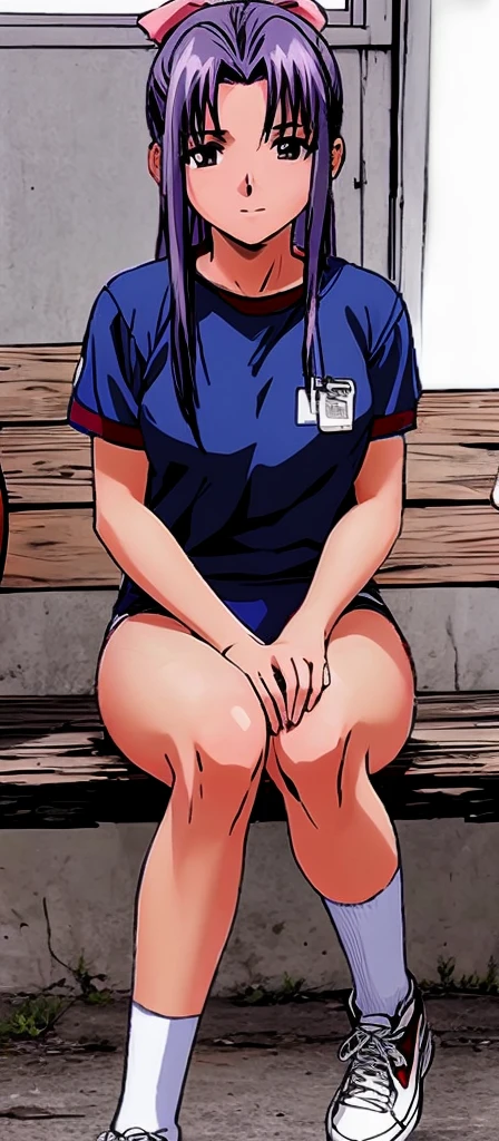 Momoko Koigakubo, a tall girl with beautiful legs, is sitting with a smile on her face, wearing white gym clothes and light navy blue bloomers that look like panties, with her legs spread wide to the sides.。Angle from below。