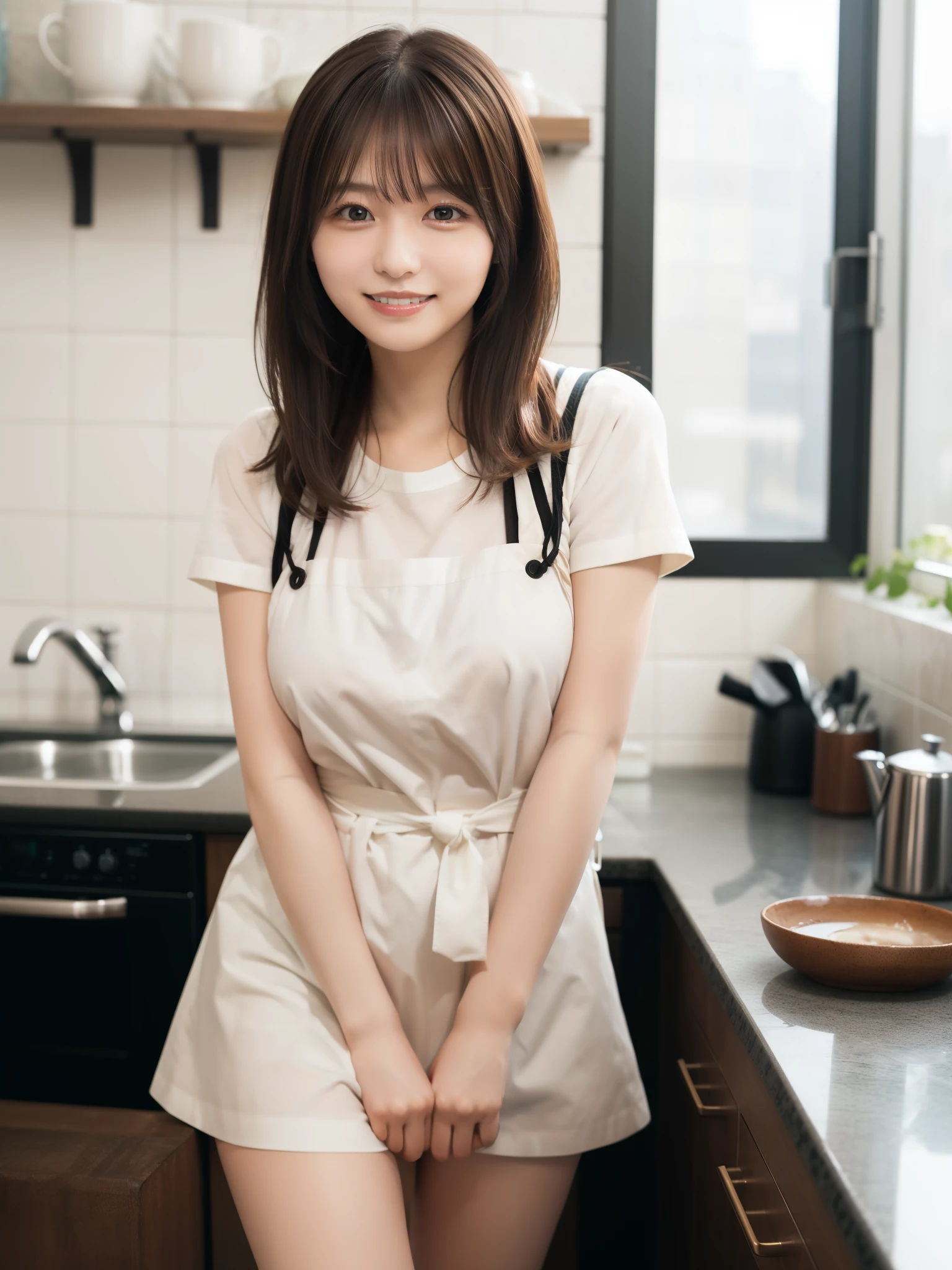 In 8K,highest quality:1.4, Ultra-high resolution:1.5, (Realistic:1.4),masterpiece:1.2,(highest quality:1.4)、 RAW Photos、 1Japanese Girls、 cute、Big Breasts:1.5、 (alone:1.8)、kitchen、 (mysterious smile:1.3), Smooth skin、30 years old:1.5、Beautiful dark eyes、Natural skin texture:1.3, Realistic eye and facial details:1.8、 (Brown medium hair,bangs), (Touching your hair:1.4)、Nogizaka、cute colorful apron、Cafe staff、Flexible fingertips、Beautiful dark eyes、Natural skin texture:1.3, Realistic eye and facial details:1.7、Looking at the audience、Full Body Shot:1.8、Beautiful legs、gravure、Attractive girl、Thighs、Are standing、coffee