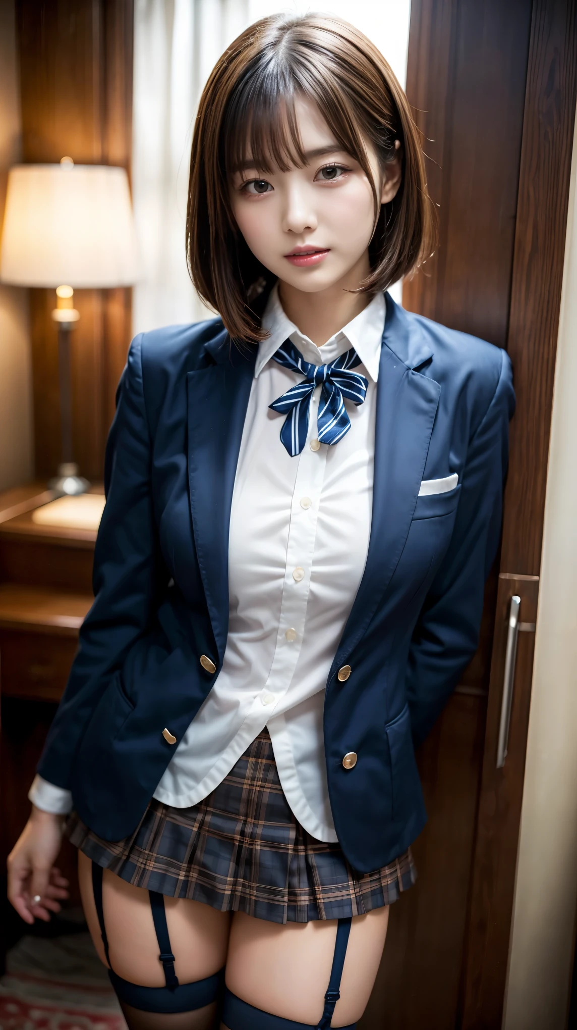 masterpiece, highest quality, figure, Very detailed, Fine details, High resolution, 8k,wallpaper, Perfect dynamic composition,(Detailed high quality, Realistic depiction of eyes:1.3), ((1 girl, 1 high school girl)), The background is a room in a luxury hotel、 uniform、blazer 、Super Short Check Uniform Skirt、Navy blue knee-high socks、garter belt、huge 、Disheveled uniform, Play with each other,Touching each other's bodies,Touching the body of the girl next door, Short Bob Hair, Black hair color, hugeな胸, Big Natural Color Lip, Bold sexy pose, (Perfect figure), Crying a little、Cold Stare,  Harajuku Style、Beautiful Makeup,Glitter makeup,The cutest 18 year old, Beautiful feet, Gravure idol pose, Voluptuous thighs