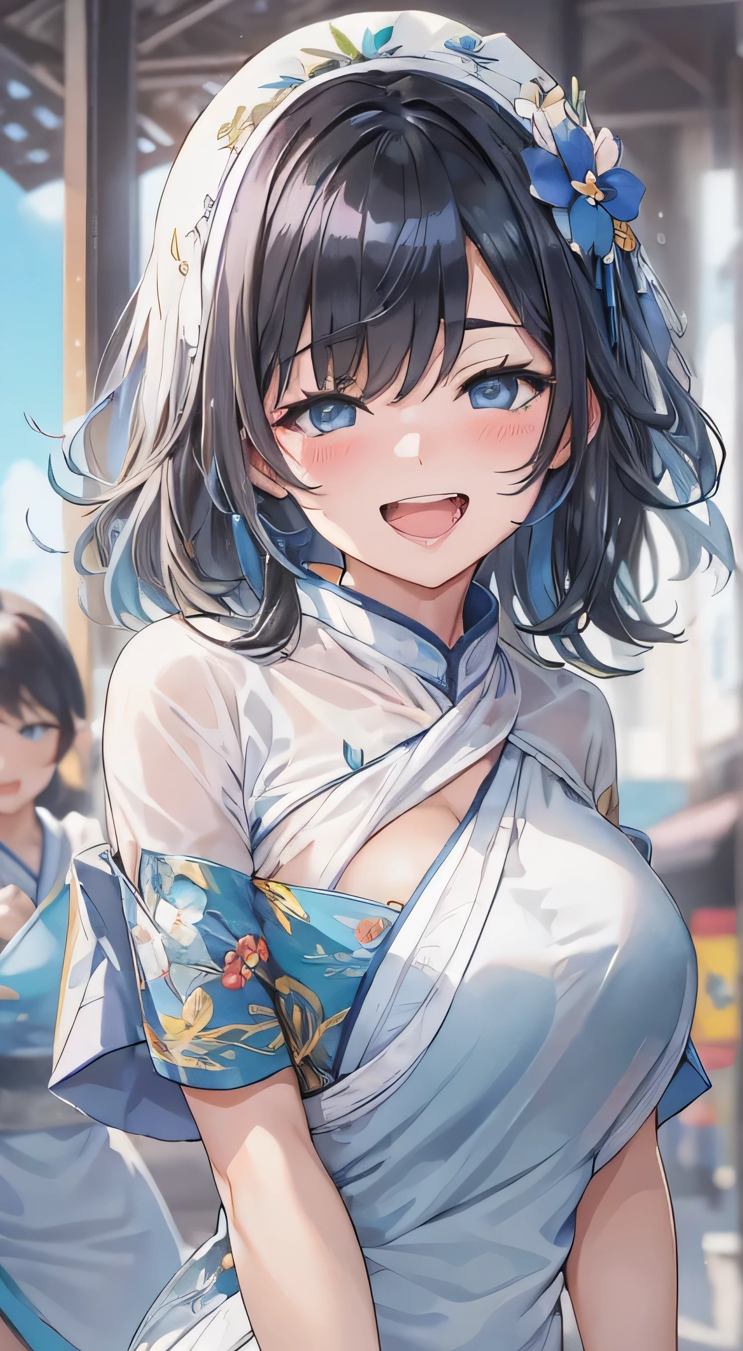 1 Female,Black Hair,14 years ,(()),Beautiful breasts,(((sexy white and blue shiny cheongsam)))(())(((Blushing、Laughing with your mouth open)),(((Satin Nariko))),((( Portrait))),crowd,white and blue cheongsam
