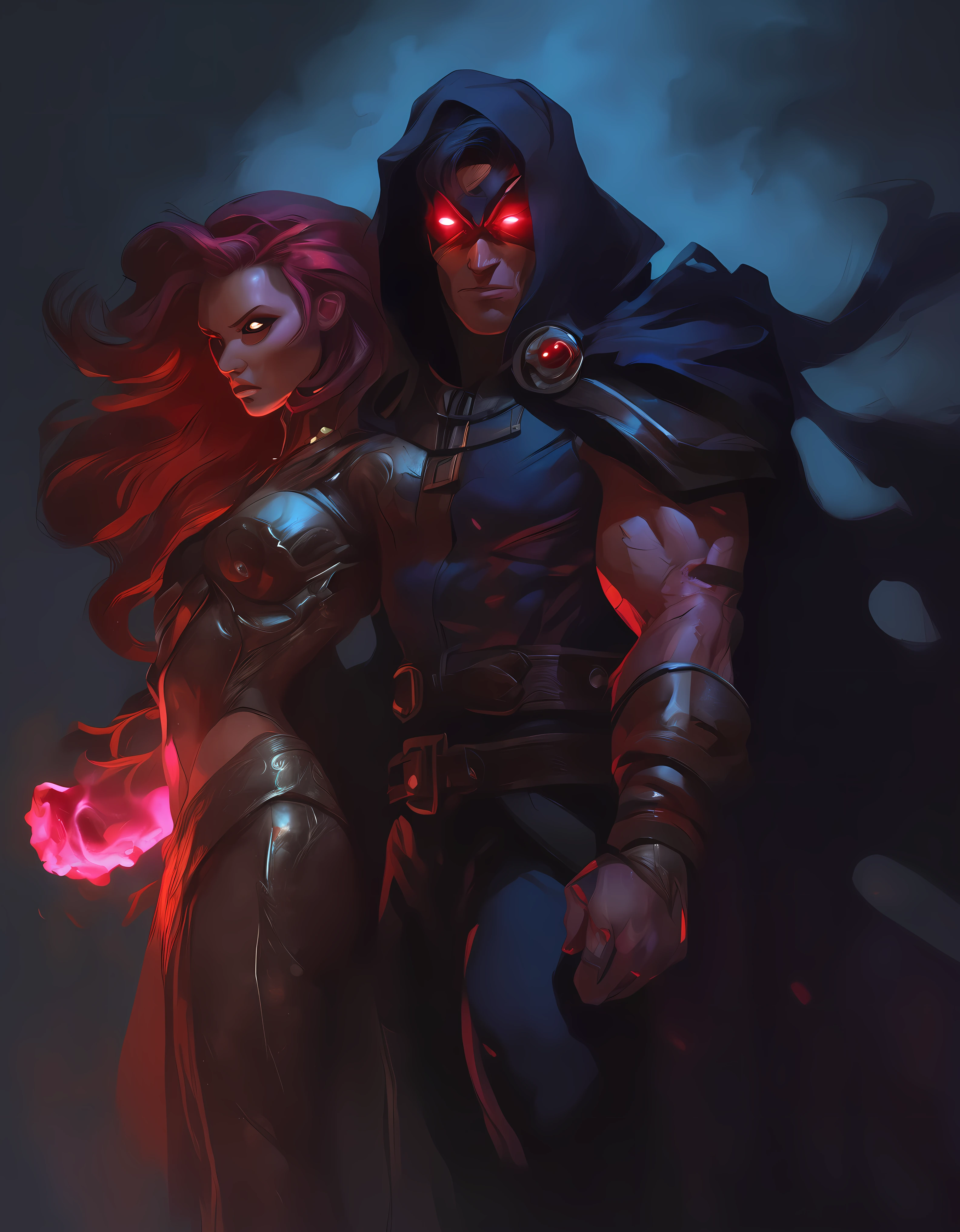 Cyclops from the X-Men as a Dungeons and Dragons warlock and Jean Grey behind him as a female cambion, three quarter bodies, dynamic poses, intricate details, cinematic lighting, fantasy art, dark and moody atmosphere, deep rich colors, dramatic shadows, volumetric fog, highly detailed, masterpiece, 8k
