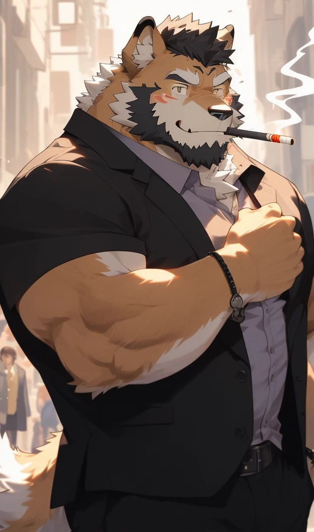 hairy,(Wolf,Black short sleeve:1.3,Against the wall:1.3)beard,Golden fur,(smokes:1.3),With a cigarette in his mouth,Smiling,male,Common,full-body shot,Real background,极其lifelike阴影,masterpiece,Very detailed,lifelike。