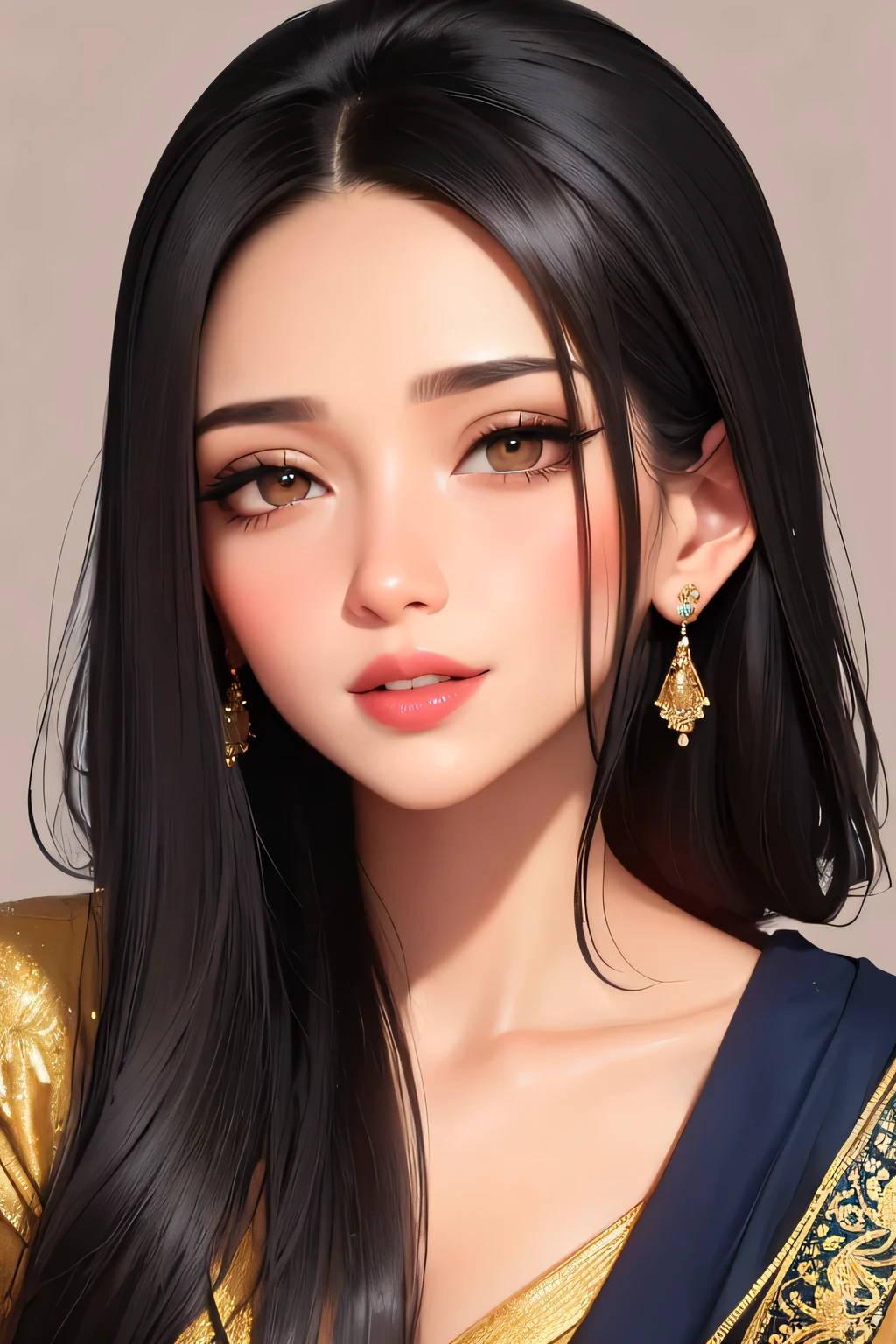 Amazing portrait of a sexy woman with a beautiful face having long straight black hair with detailed eyes and detailed lips wearing some elegant earrings and a navy blue saree with silver embroidery as she's seductively gazing and smiling and blushing intensely with a perfect and hot body