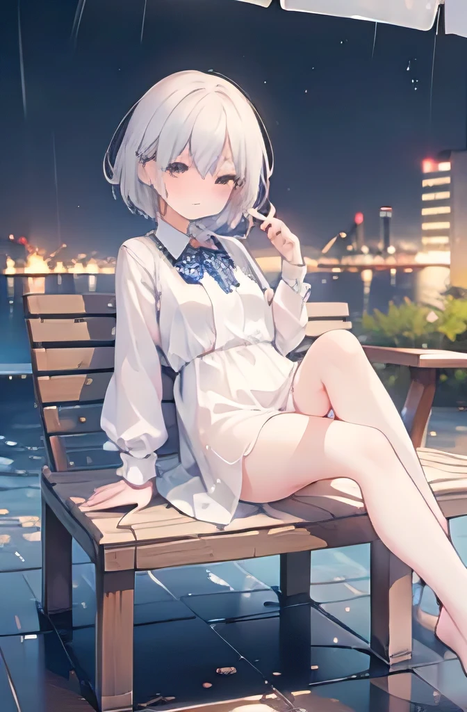 (8k, best quality, masterpiece:1.2), (realistic, photo-realistic:1.37), ultra-detailed,((( 1 girl))),solo,beautiful detailed sky,detailed cafe,night,sitting,dating,(nose blush),(smile:1.15),(closed mouth) small breasts,beautiful detailed eyes,(shirt:1.1), night, wet, rain,white lace, (short hair:1.2),floating hair NovaFrogStyle, ((full body)),stand, sexy, cute