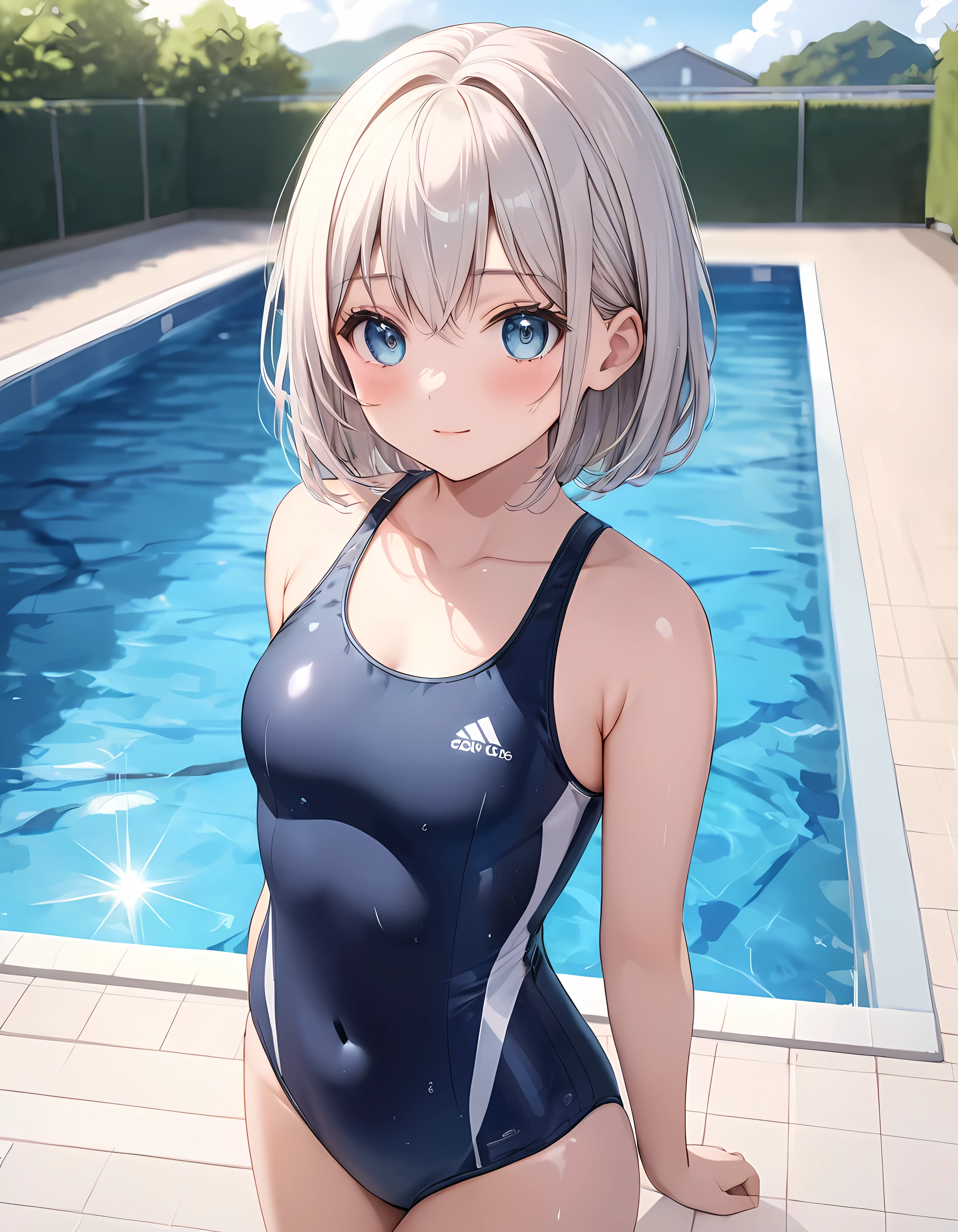 masterpiece,ultra-detailed,best quality,8K,illustration,cute face,clean skin ,shiny hair,girl,ultra-detailed-eyes, ,school swimsuit,pool