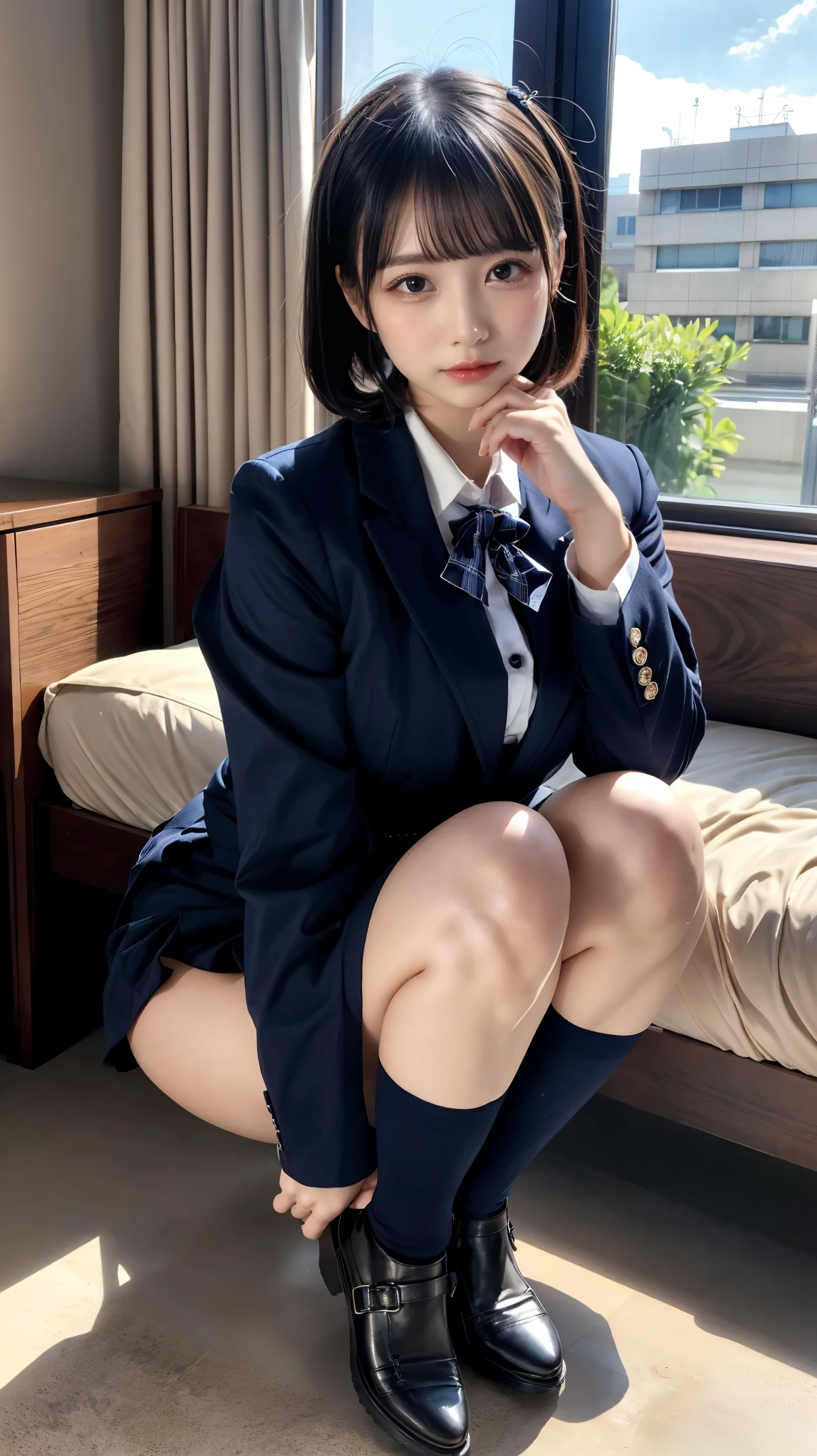 ultra highres,(reality: 1.4),highest quality, masterpiece, high detail, 16K quality, beautiful, 1 beautiful girl,japanese,super beautiful face,baby face,japanese idol face,cute face,super detailed face,detailed hand,beautiful skin,oily skin,big eyes,profeccional lighting,short hair,brown hair,black beautiful eyes, big smile,laying down on bed, spread legs,(skirt lift),spread pussy,detailed pussy,show pussy,medium breasts,navy blazer,white shirt,open button,cleavage,(checked skirt),high socks,she is looking at the camera,hotel,nsfw,