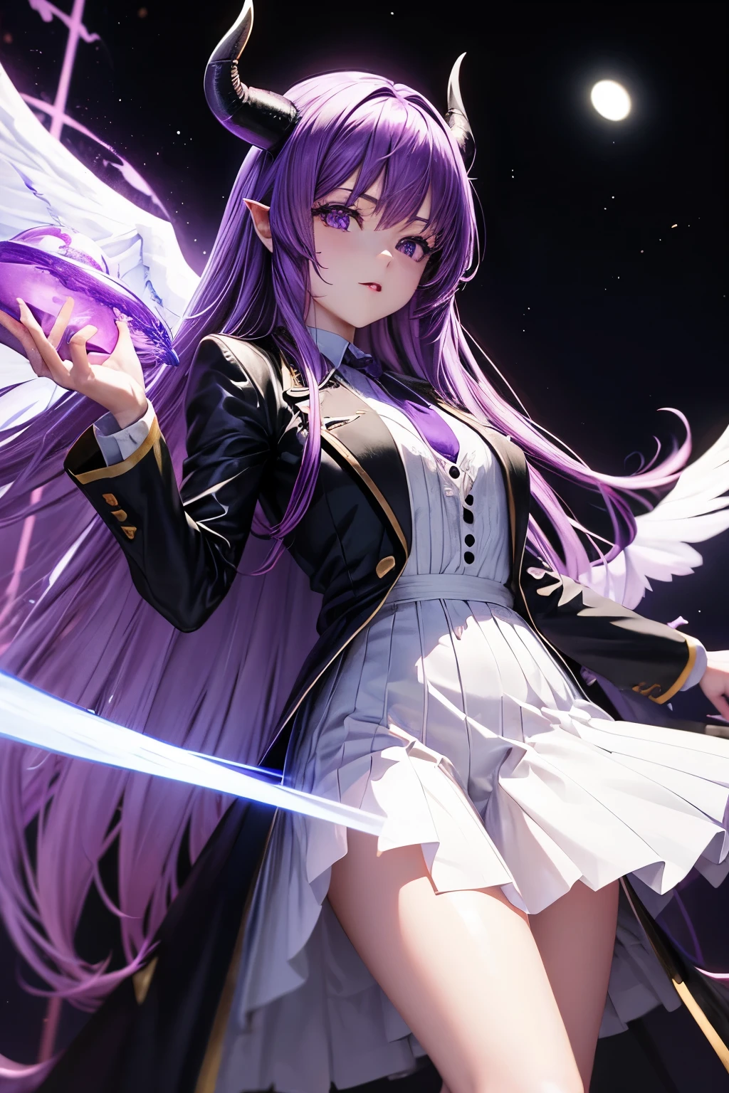 3D anime, (masterpiece, high quality:1.1), female, purple hair,  purple horns, devil wings, white dress, black suit, violet eyes, black moon background