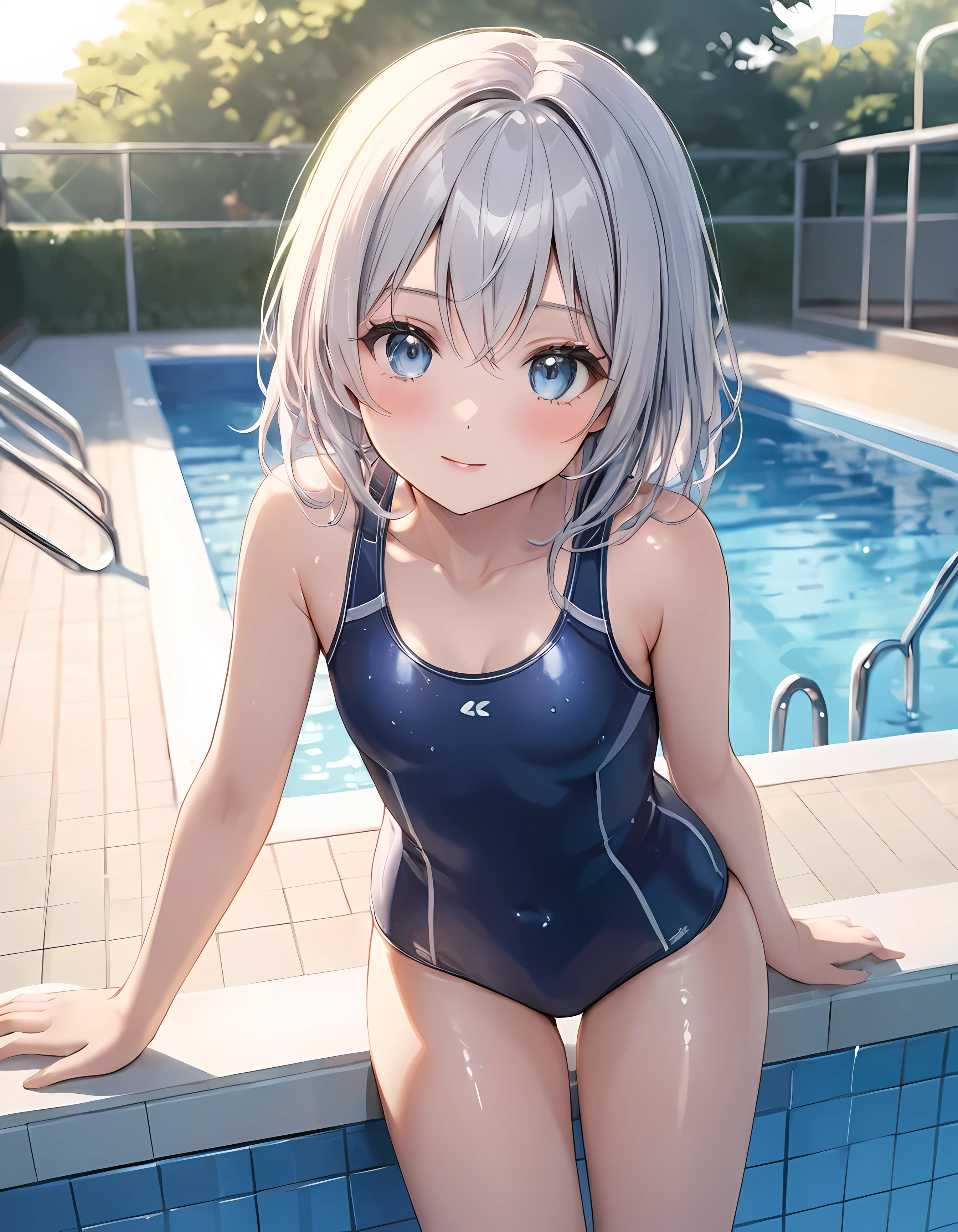 masterpiece,ultra-detailed,best quality,8K,illustration,cute face,clean skin ,shiny hair,girl,ultra-detailed-eyes, ,school swimsuit,pool