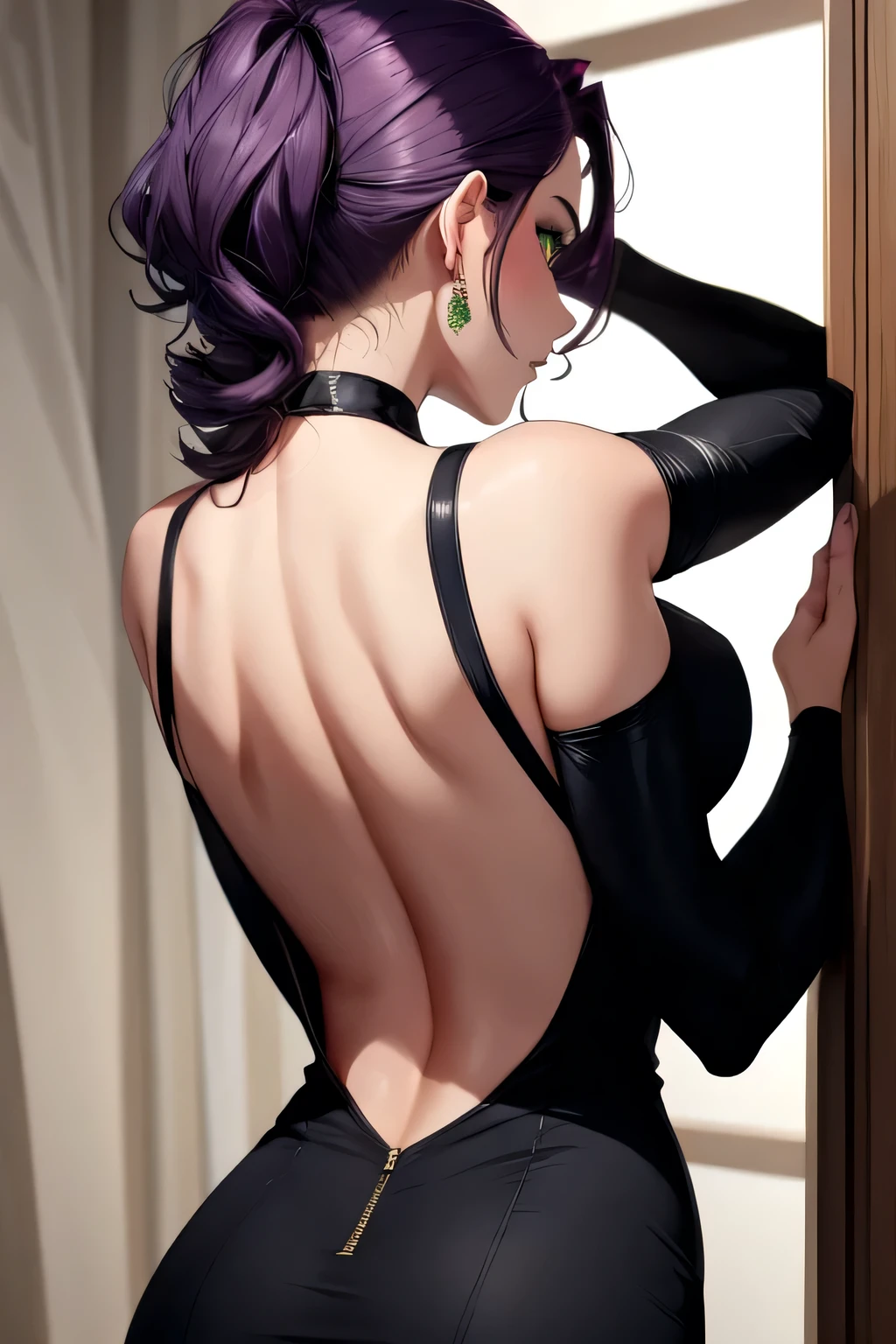 Backless dress,masterpiece,Purple Hair,Green Eyes,Catwoman,