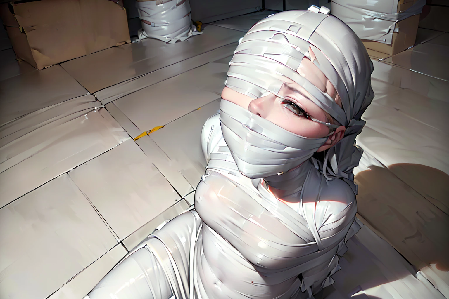 mummification, blindfold, tape gagged, (1 girl:1.4), ((Imprisoned in a warehouse)), (Highly detailed CG Unity 8k), (highest quality), (Very detailed), (Ultra-high resolution), ((Hands tied behind back)), ((Wrap the heads around with white duct tape:1.4)), (((Wrap the eyes around with white duct tape:1.5))), ((Wrap the mouth around with white duct tape:1.4)), ((blindfold around with white duct tape:1.4)), ((Wrap the face around with white duct tape:1.4)), ((From head to toe, wrap them in white duct tape to make a mummification:1.5)),