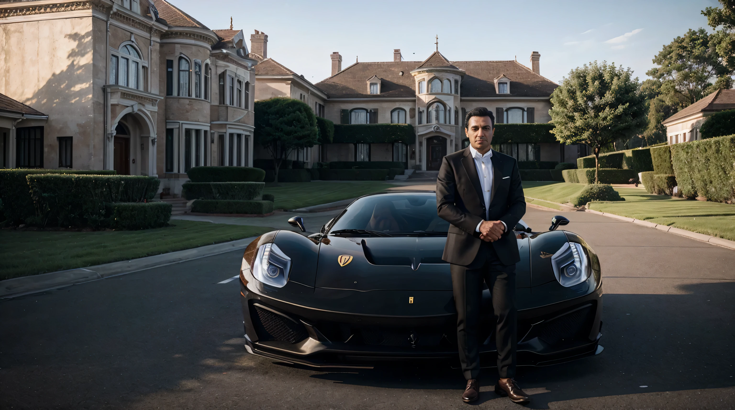 A millionaire man in front of a mansion and next to him a Ferrari, ultra detailed image, realism, 8k, hyper detailed skin.