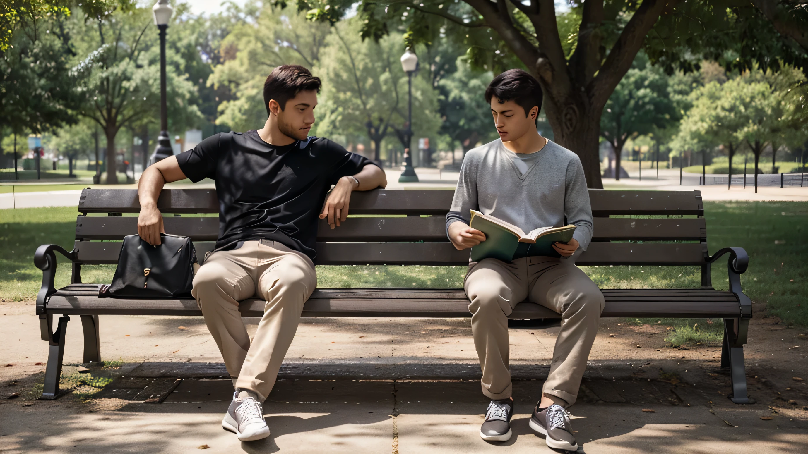 Park, guy sitting on park bench and holding a opened book from both hands, looking on left side, make the guy and bench on right side.